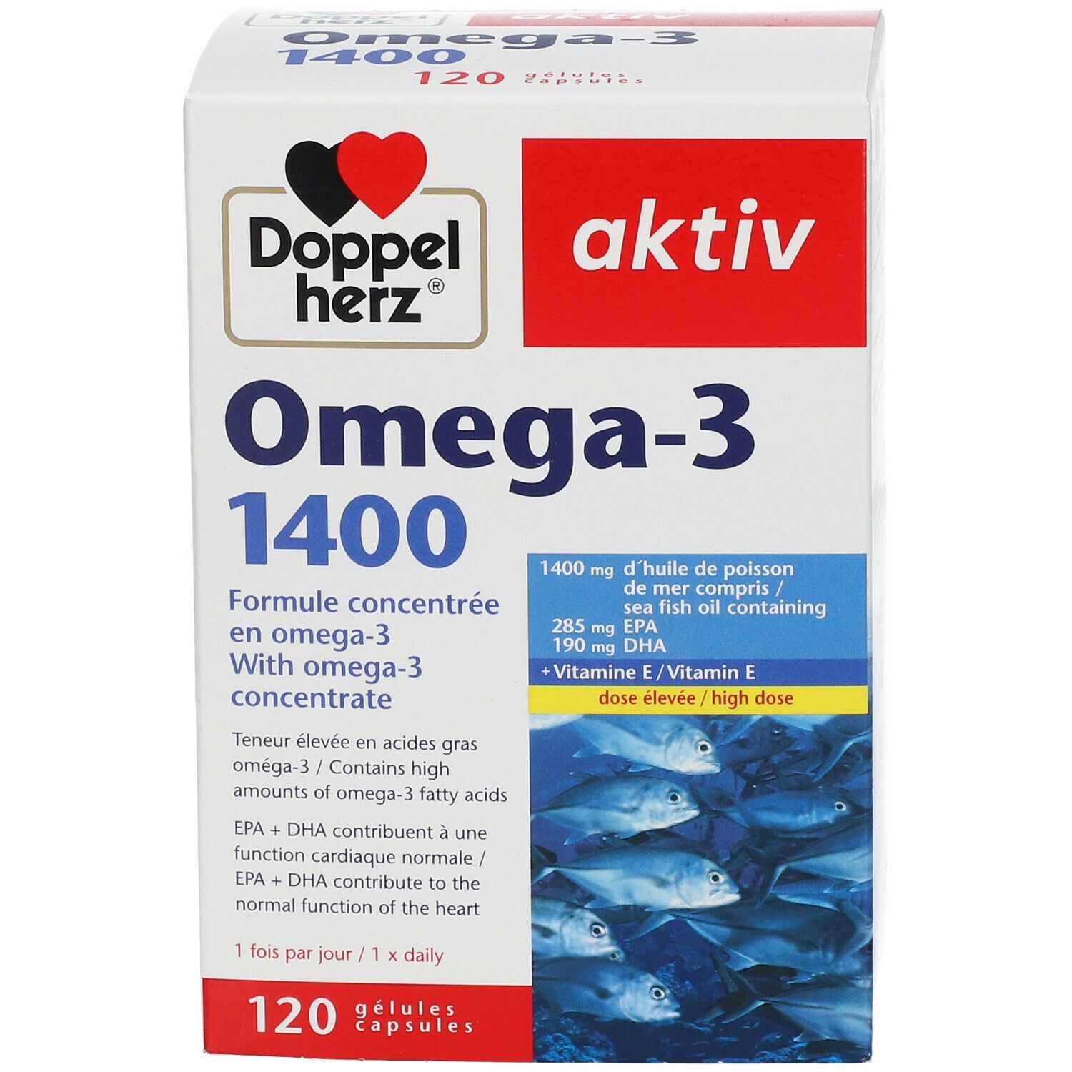 Doppelherz Omega-3 1400 Packung. Vorderseite mit Produktnamen, Logo und Inhaltsangaben. 120 Kapseln.