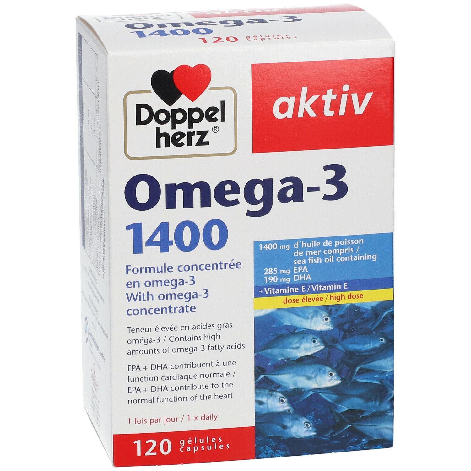Doppelherz Omega-3 1400 Packung. Vorderseite mit Produktnamen, Logo und Inhaltsangaben. 120 Kapseln.