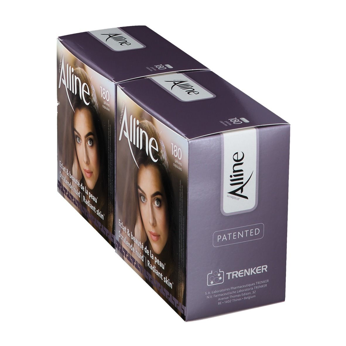 Deux boîtes Alline Proderm. Emballage violet avec impression. Impression : Alline, 180 gélules, visage de femme. Breveté.