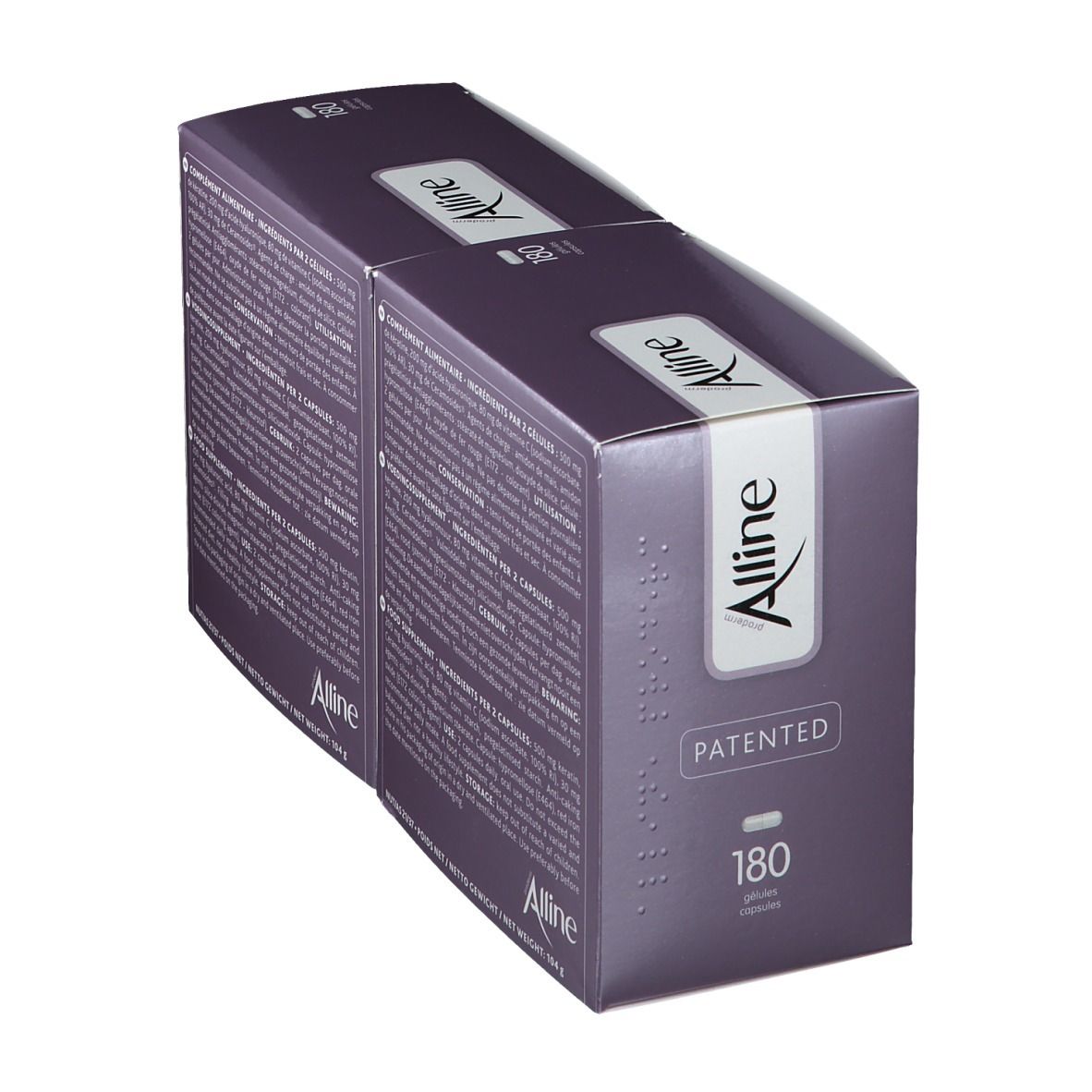 Deux boîtes Alline Proderm. Emballage violet avec texte. Impression : Alline, 180 gélules. Breveté. Écriture braille.