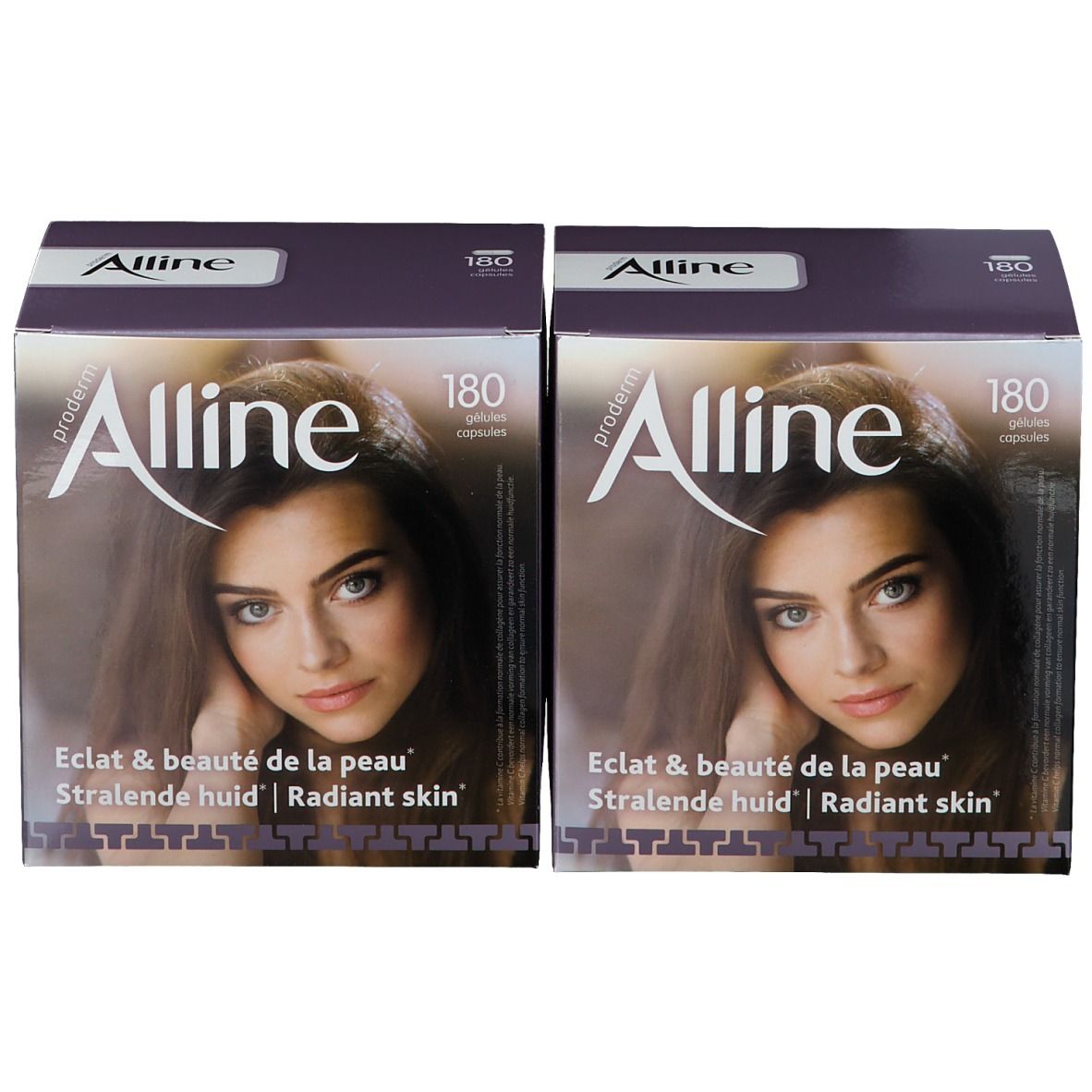 Deux boîtes Alline Proderm. Emballage violet avec impression. Impression : Alline, 180 gélules, visage de femme. Eclat & beauté de la peau.