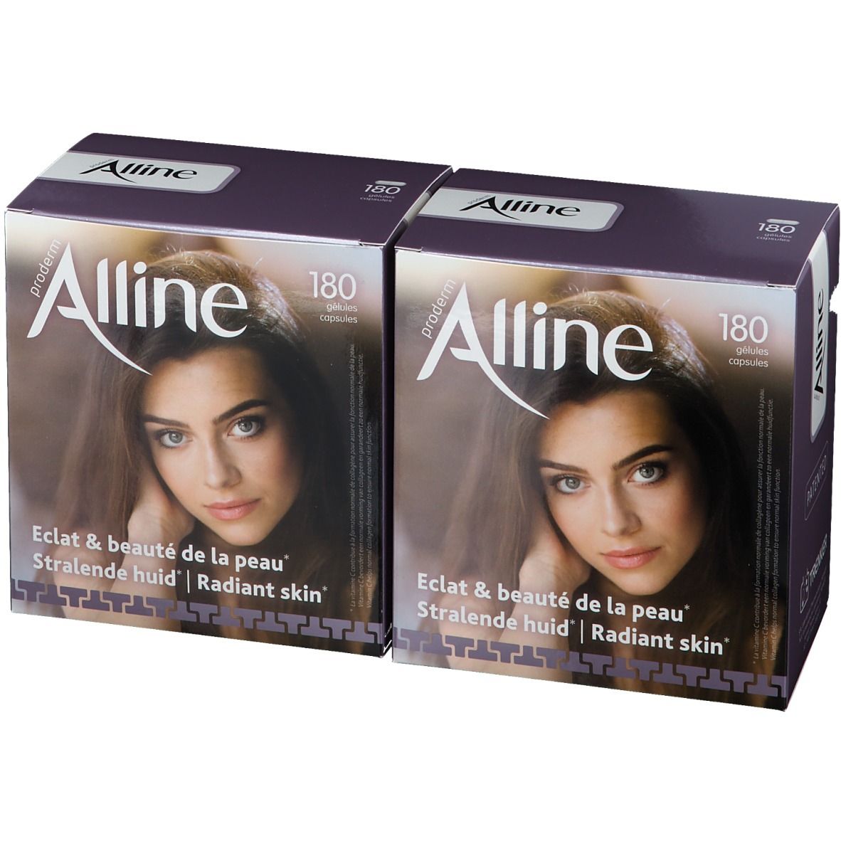 Deux boîtes Alline Proderm. Emballage violet avec impression. Impression : Alline, 180 gélules, visage de femme. Eclat & beauté de la peau.