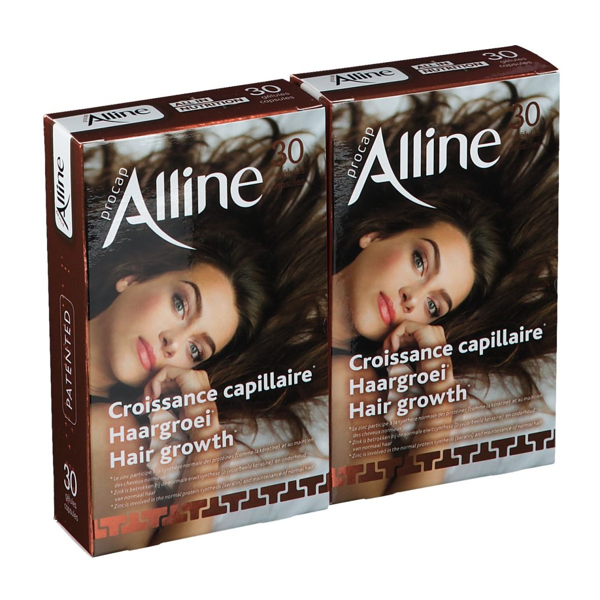 Deux boîtes de capsules "Alline procap". Inscription : "Croissance capillaire", "Haargroei", "Hair growth". Contient 30 capsules.