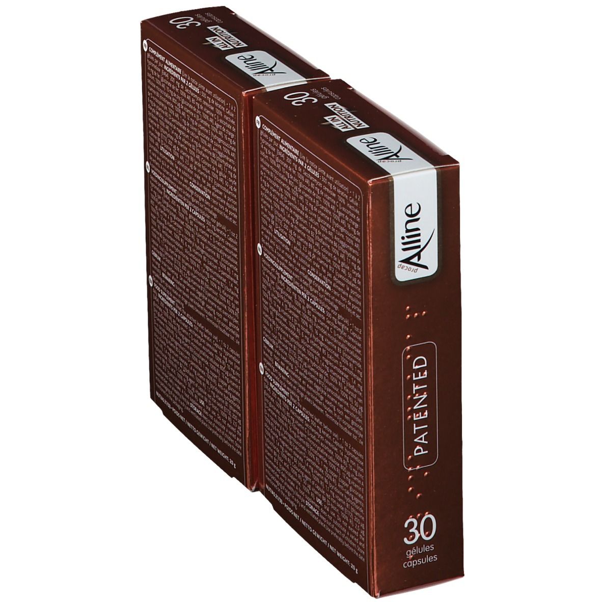 Deux boîtes "Alline procap" en biais. Inscription : "Patented", 30 capsules.