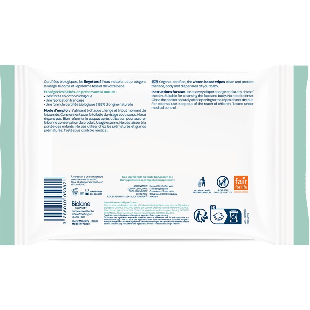 Dos du paquet blanc avec texte. Contient des informations sur les ingrédients, l'utilisation et les certifications. Avec symboles de recyclage.