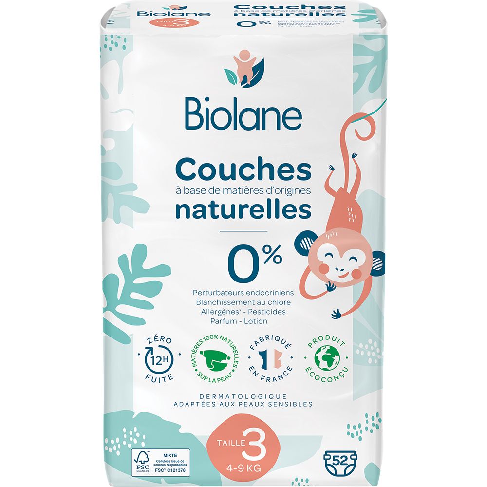 Paquet de couches Biolane Bio-Windeln Gr. 3. Inscription : Couches naturelles, 0%, taille 3, 4-9 kg, 52 unités. Illustration de singe.
