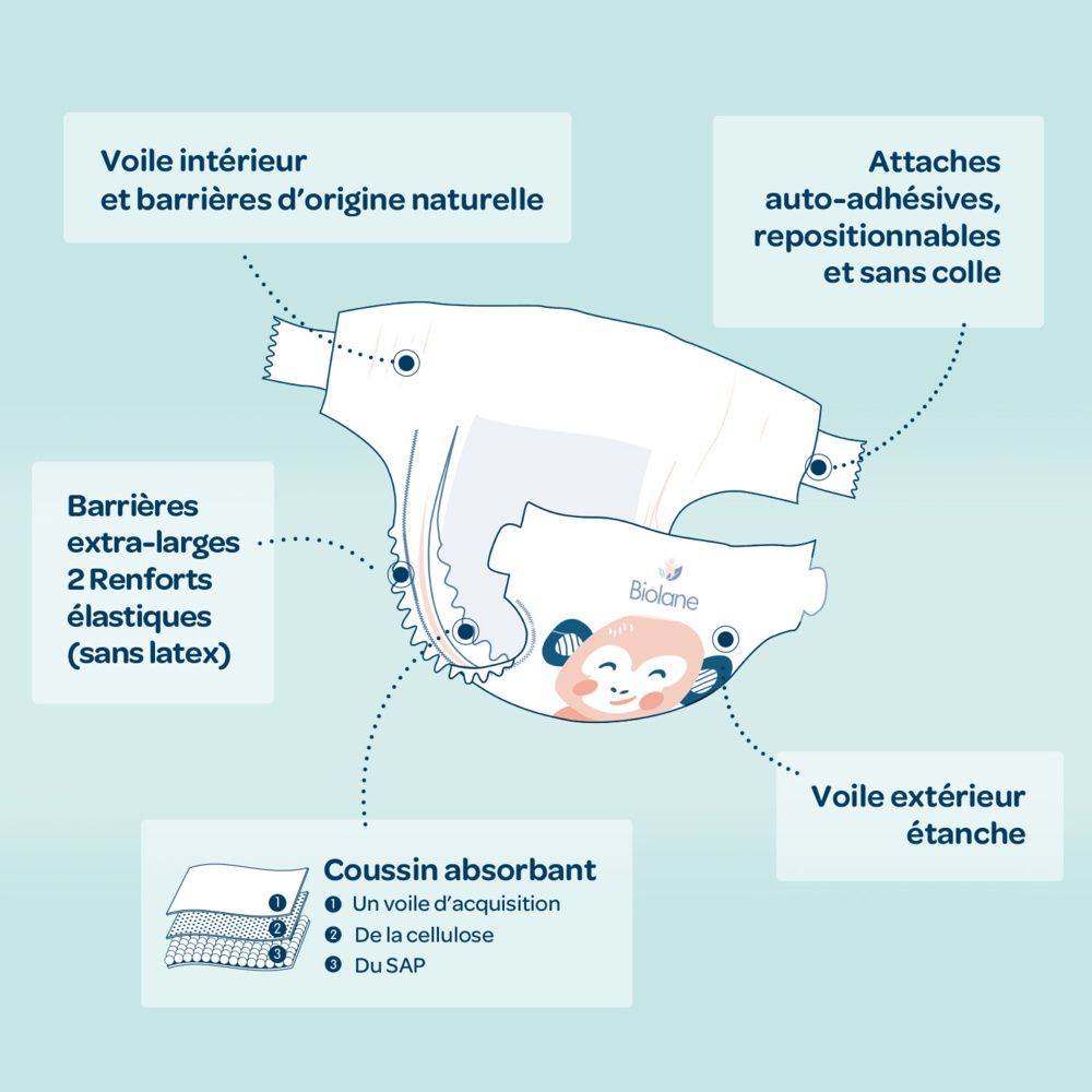 Couche Biolane, Gr. 3, ouverte. Composants : voile intérieur, barrières extra-larges, coussin absorbant, voile extérieur. Illustration singe.