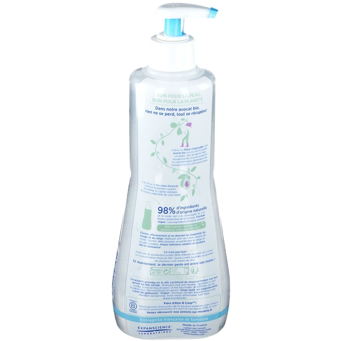 Dos du flacon de Mustela Bébé Reinigungswasser. Étiquette avec texte, illustrations et informations sur les ingrédients.