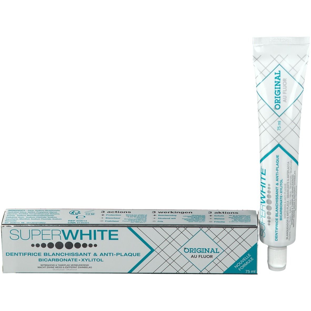 Zahnpasta-Tube und Schachtel. Aufschrift: SUPERWHITE, ORIGINAL, 75 ml, Anti-Plaque. Blaue und weiße Farben.