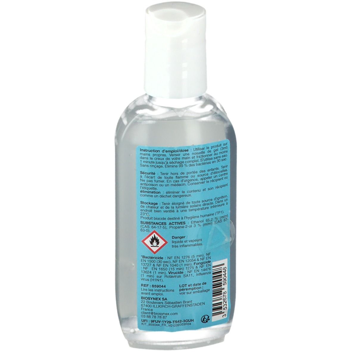 Flacon transparent avec bouchon blanc. Étiquette avec texte et pictogrammes. Produit pour l'hygiène des mains.
