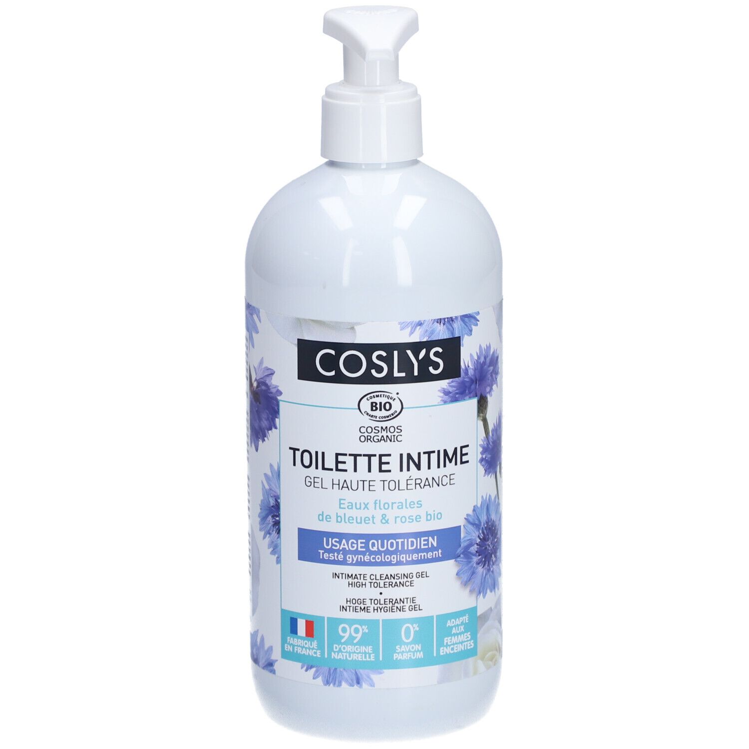 Flacon blanc avec pompe. Inscription: Coslys, Toilette Intime, Gel Haute Tolérance. Motifs floraux bleus.