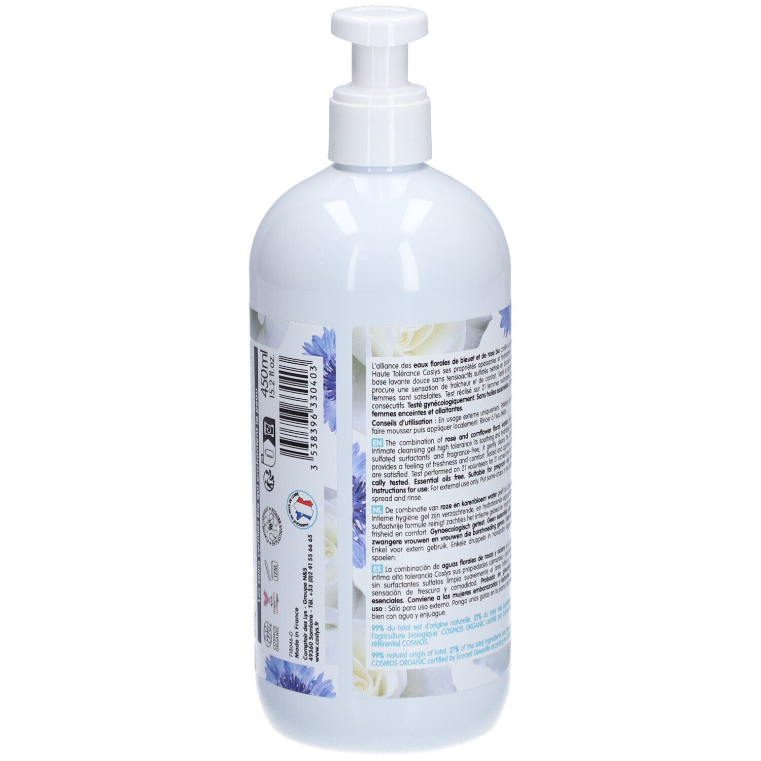Flacon blanc avec pompe. Texte et étiquettes au dos. Motifs floraux bleus. 450ml.