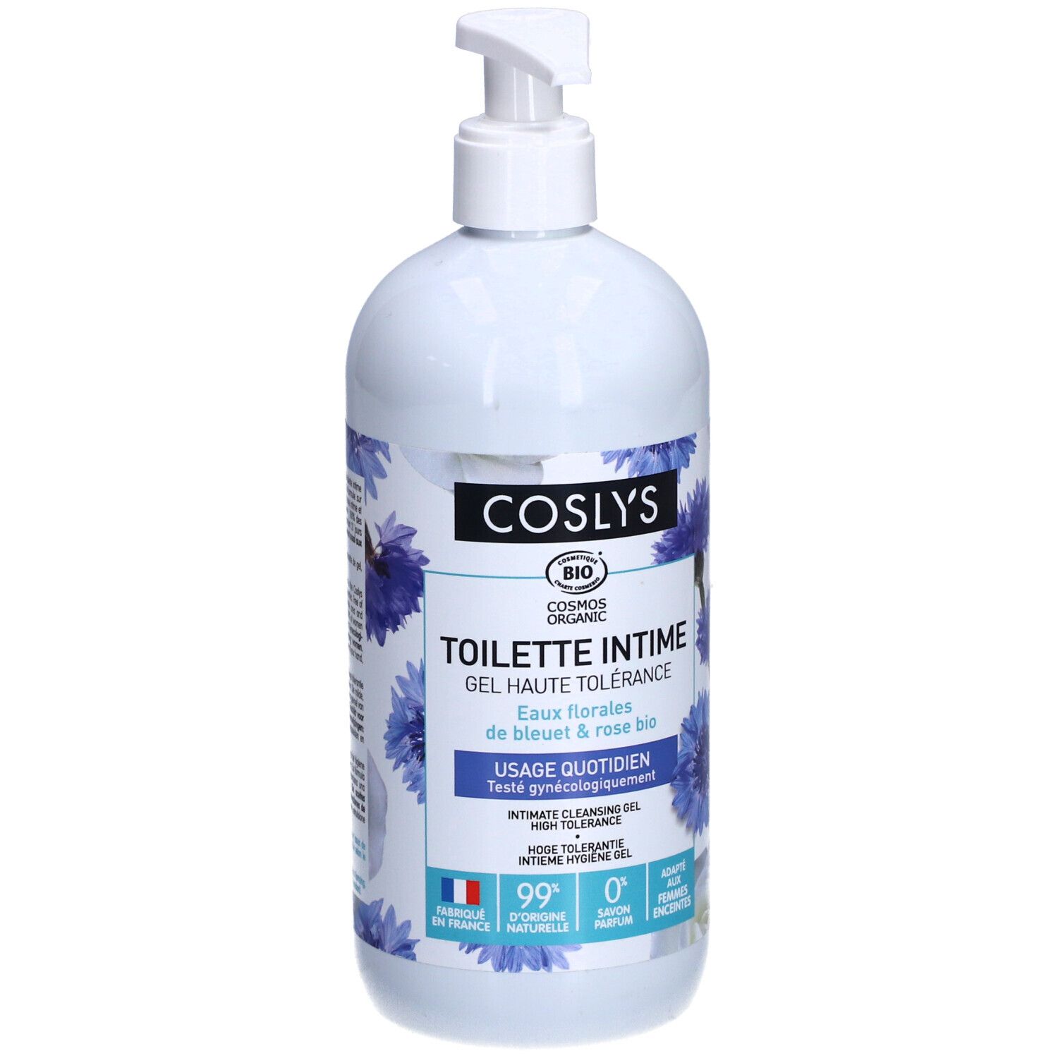 Flacon blanc avec pompe. Inscription: Coslys, Toilette Intime, Gel Haute Tolérance. Motifs floraux bleus.