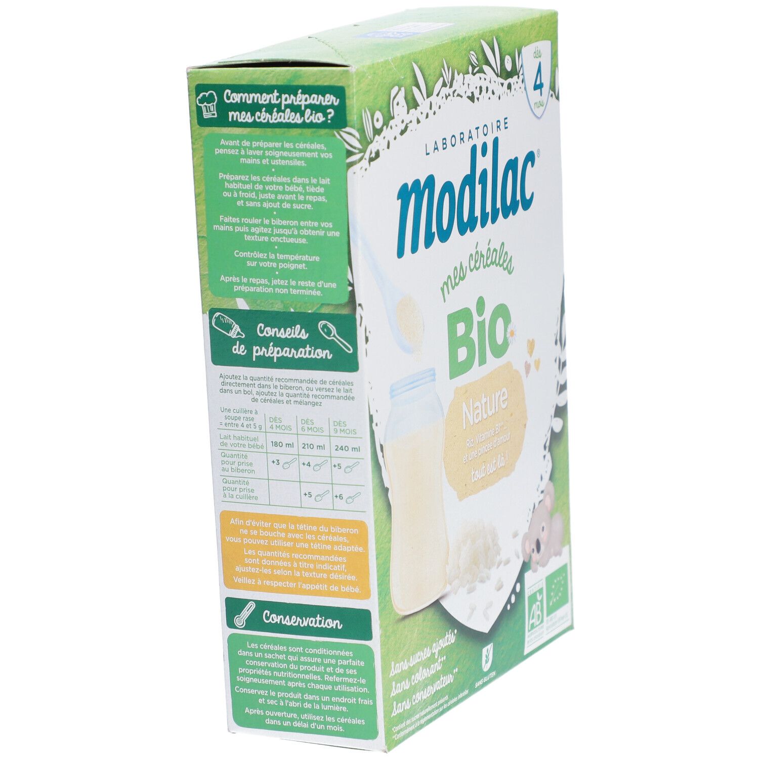 Boîte Modilac Mes Céréales Bio Nature, vue latérale. Texte sur la préparation et la conservation. Vert et blanc.