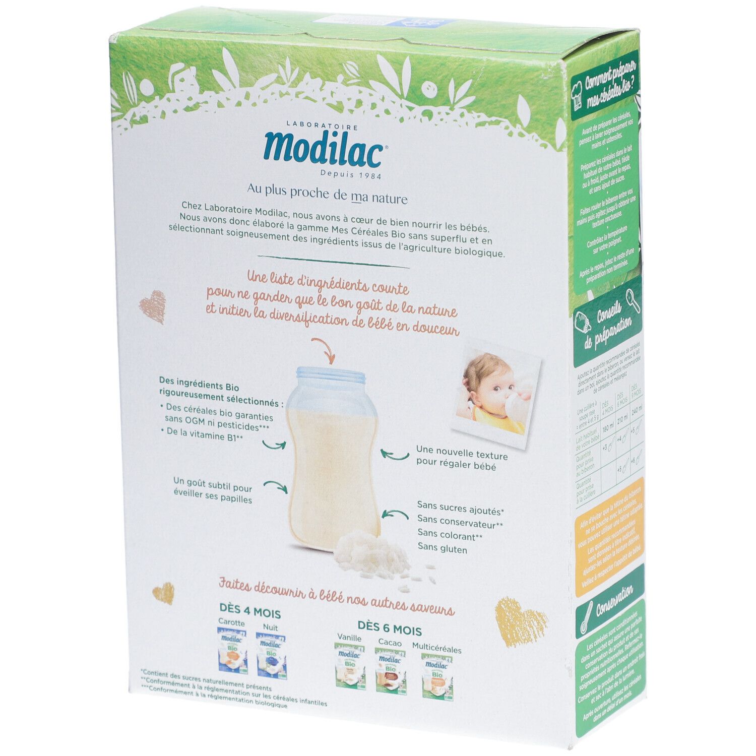 Dos de la boîte Modilac Mes Céréales Bio Nature. Texte sur les ingrédients et les avantages. Vert et blanc.