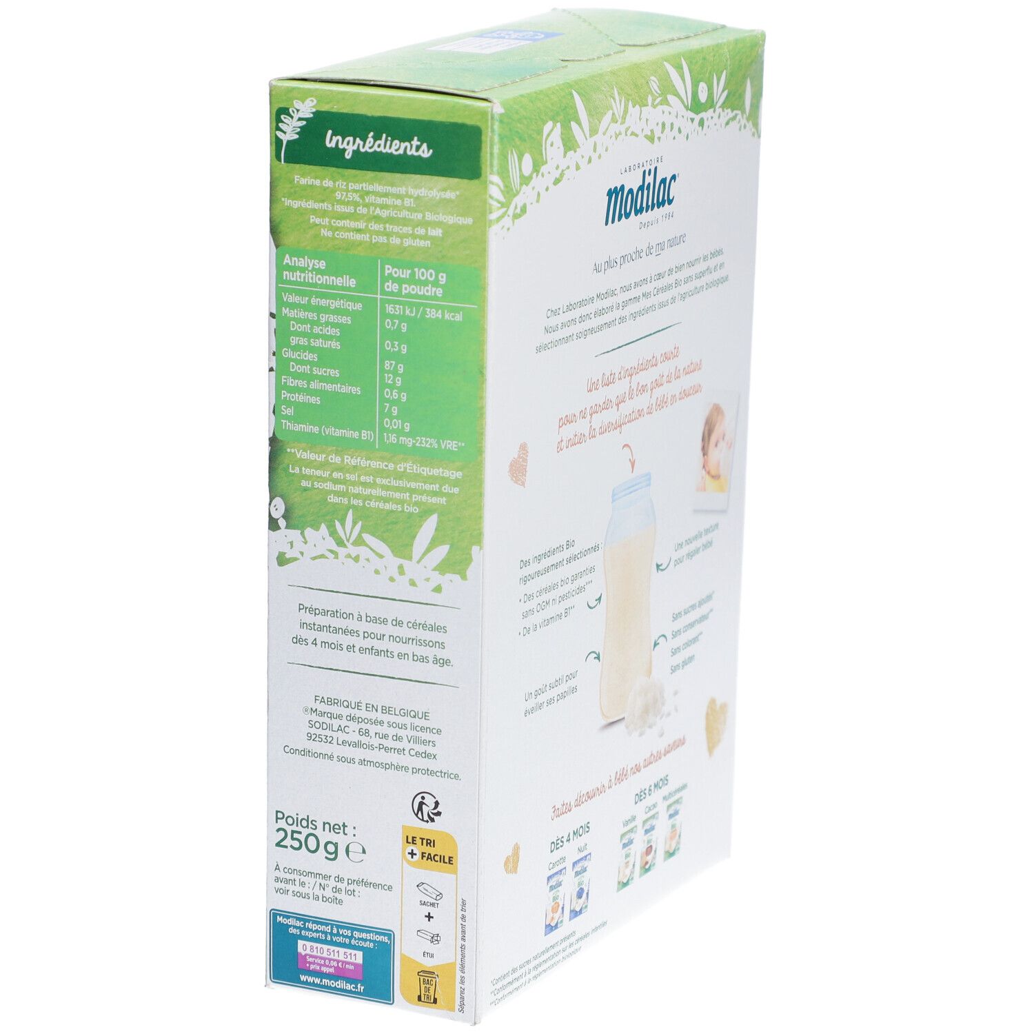 Boîte Modilac Mes Céréales Bio Nature, vue latérale avec informations nutritionnelles. Vert et blanc.