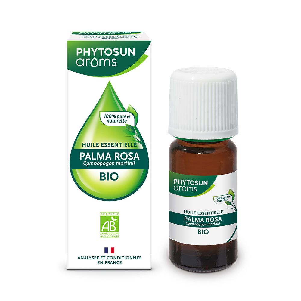 Braune Glasflasche mit weißem Deckel und Karton. Aufschrift: PHYTOSUN arôms, Palma Rosa BIO. Mit AB-Siegel.