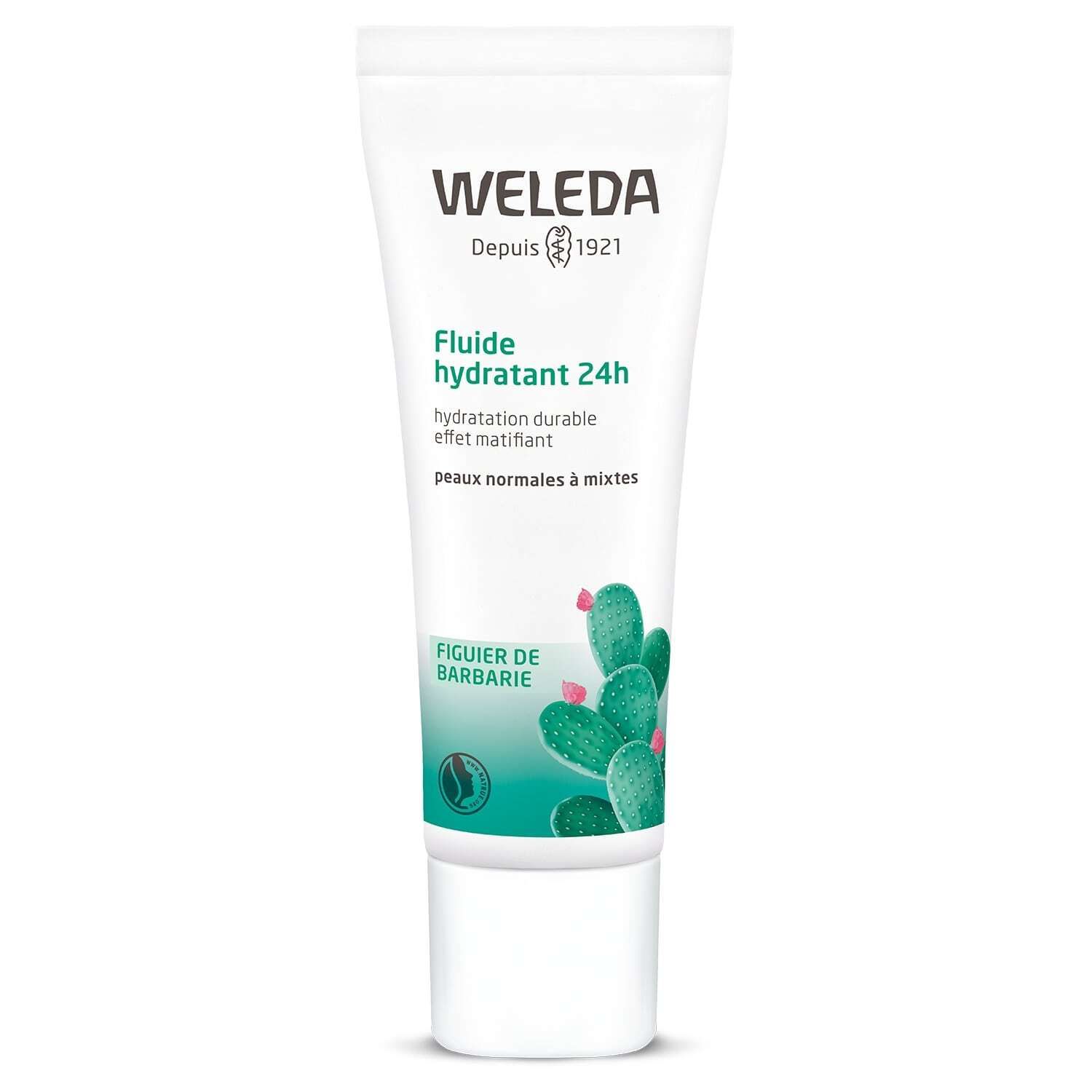 Tube de Weleda Feigenkaktus 24h Feuchtigkeits-Fluid. Design vert avec cactus. Nom et marque visibles.