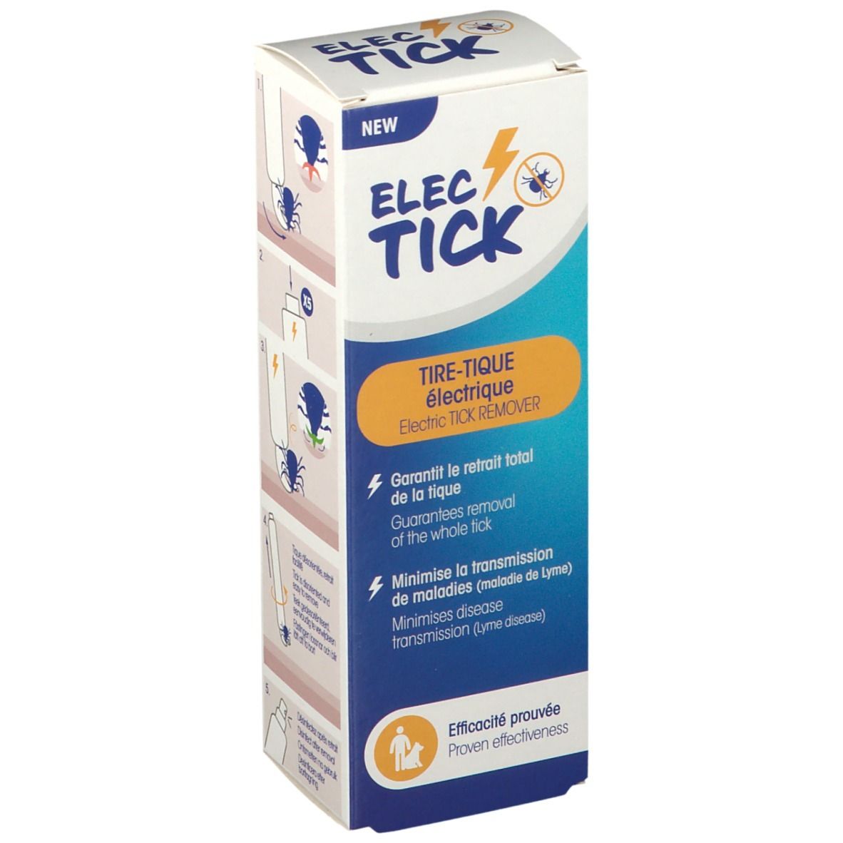 Boîte ELEC-TICK. Texte: Tire-Tique électrique, garantit le retrait total de la tique, minimise la transmission de maladies.