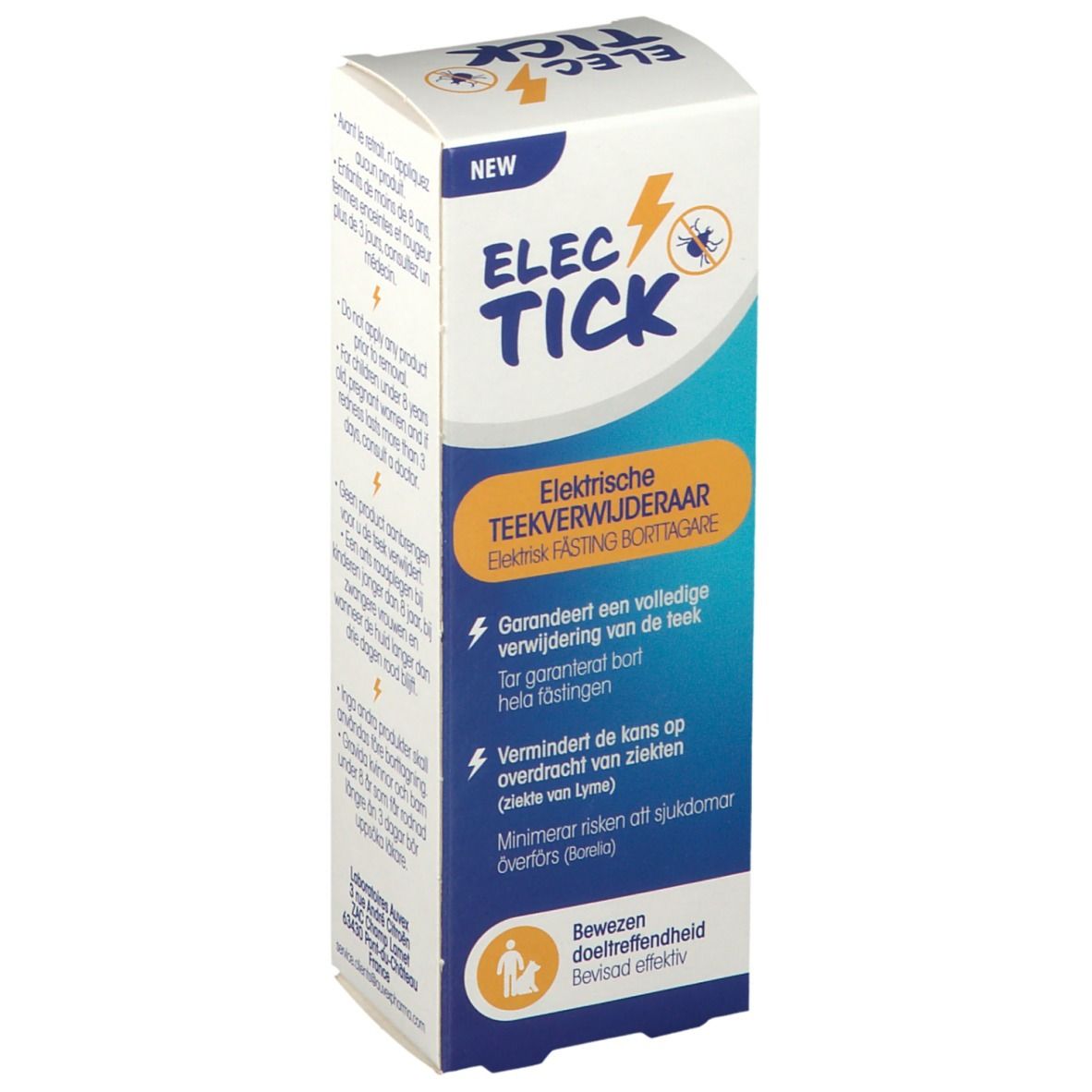 Boîte ELEC-TICK. Texte: Elektrische TEEKVVERWIJDERAAR, garantit l'enlèvement complet de la tique, minimise le risque.