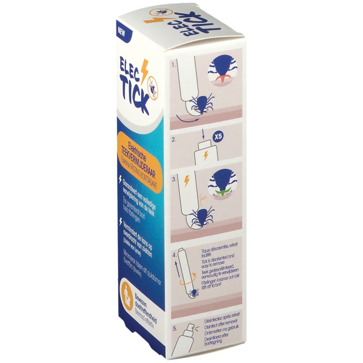 Boîte ELEC-TICK. Illustrations: Étapes d'utilisation pour retirer les tiques avec le produit.