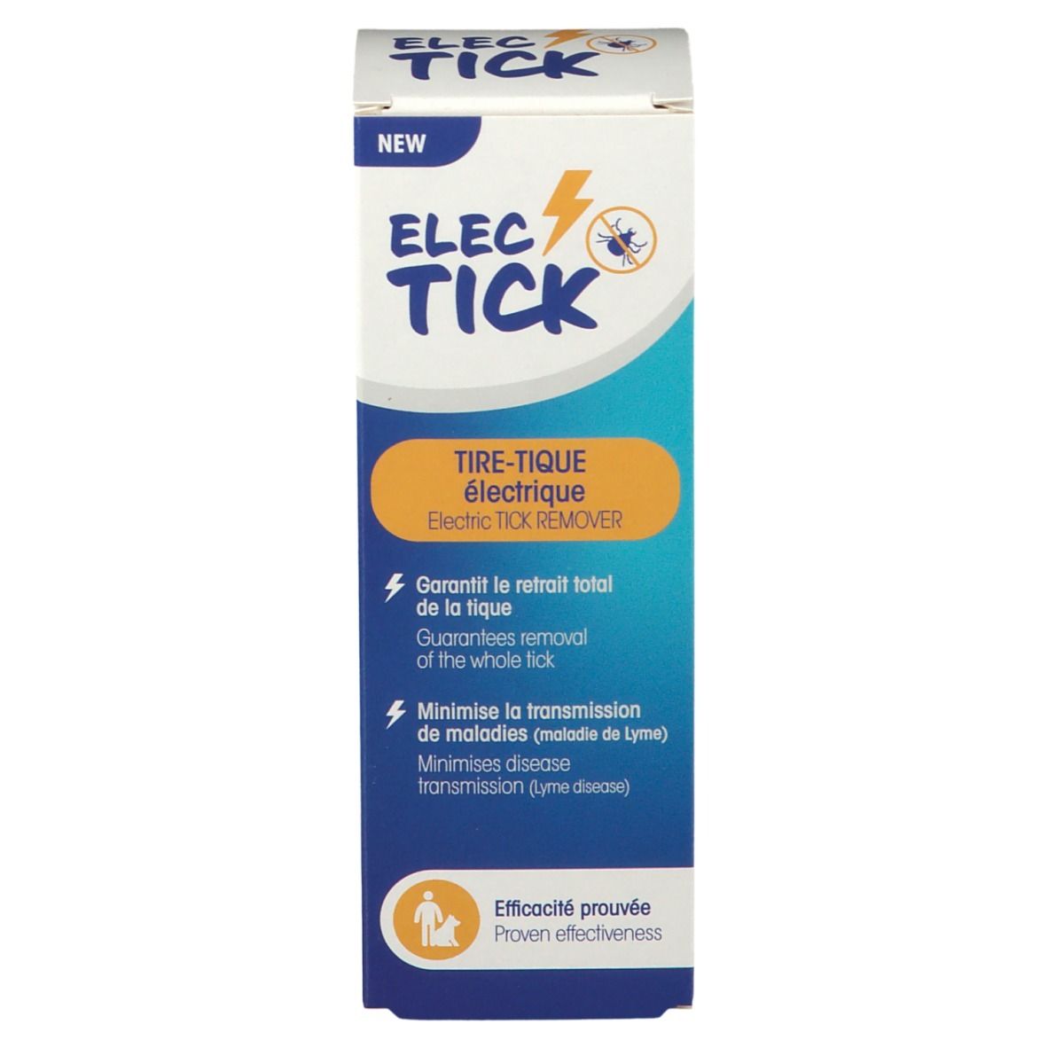 Boîte ELEC-TICK. Texte: Tire-Tique électrique, garantit le retrait total de la tique, minimise la transmission de maladies.