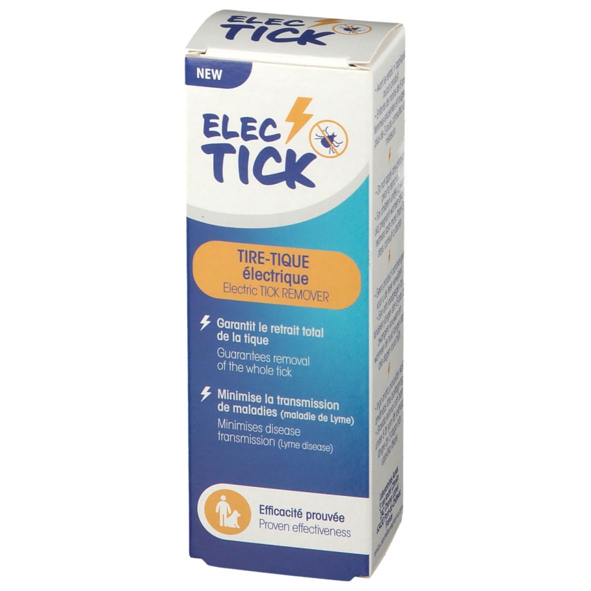 Boîte ELEC-TICK. Texte: Tire-Tique électrique, garantit le retrait total de la tique, minimise la transmission de maladies.