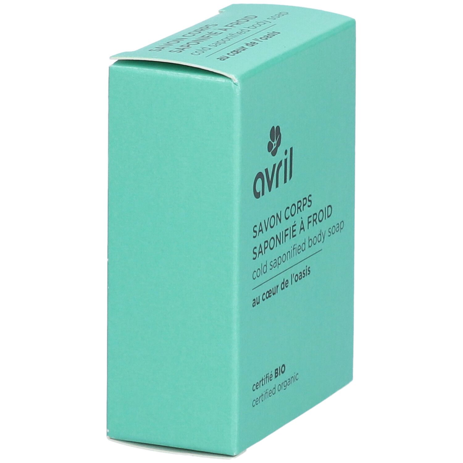 Boîte turquoise. Inscriptions : avril, Savon Corps Saponifié à Froid, certifié BIO. Vue oblique.