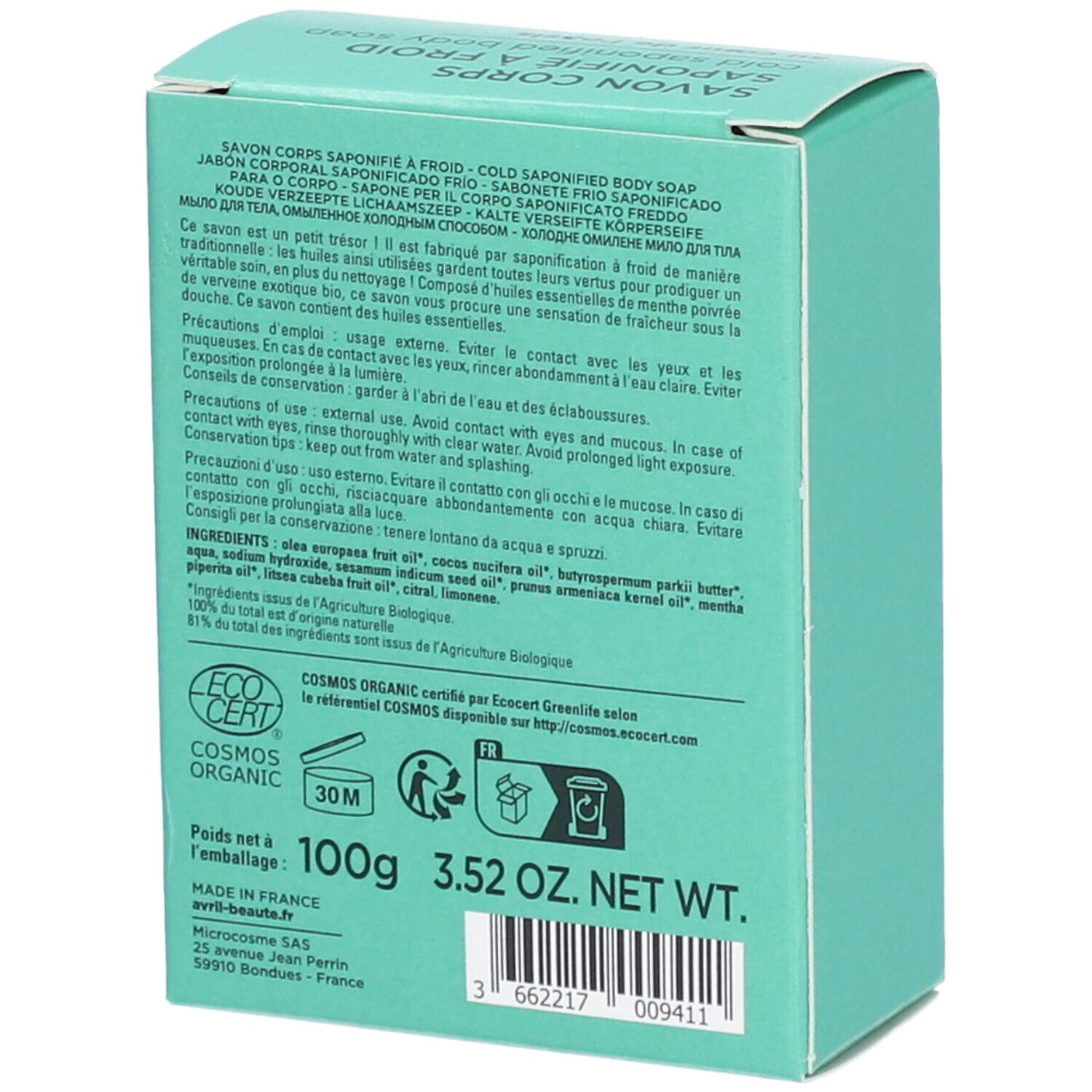 Dos de la boîte turquoise. Texte multilingue. Inscriptions : 100g, COSMOS ORGANIC, adresse du fabricant.