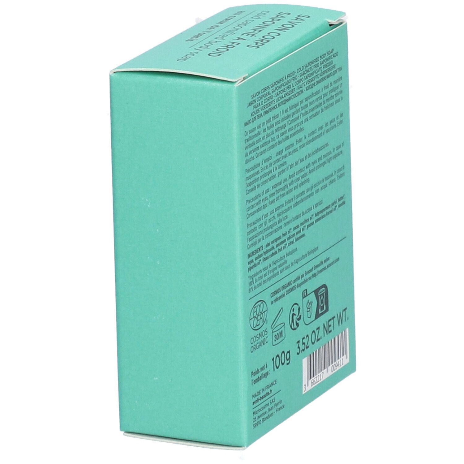 Boîte turquoise. Texte multilingue. Inscriptions : 100g, COSMOS ORGANIC. Vue oblique.