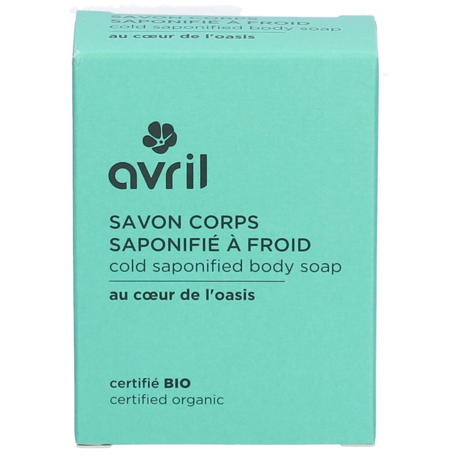 Boîte turquoise. Inscriptions : avril, Savon Corps Saponifié à Froid, certifié BIO. Vue de face.