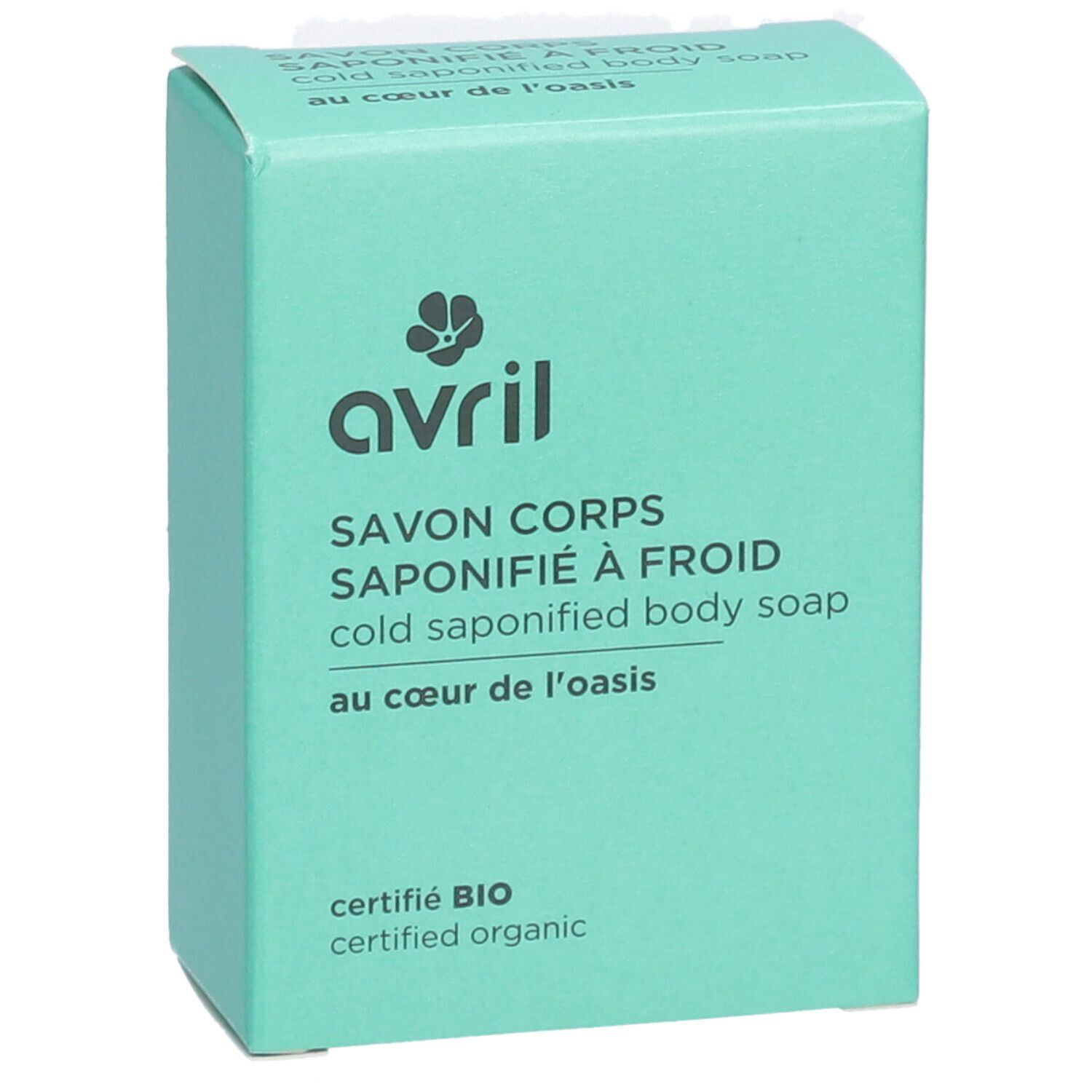 Boîte turquoise. Inscriptions : avril, Savon Corps Saponifié à Froid, certifié BIO. Vue de face.