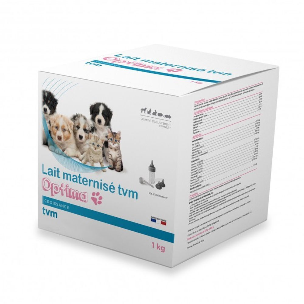 Boîte de lait maternisé Optima pour animaux. Chiots et chatons. Inscription : Lait maternise tvm, 1 kg.