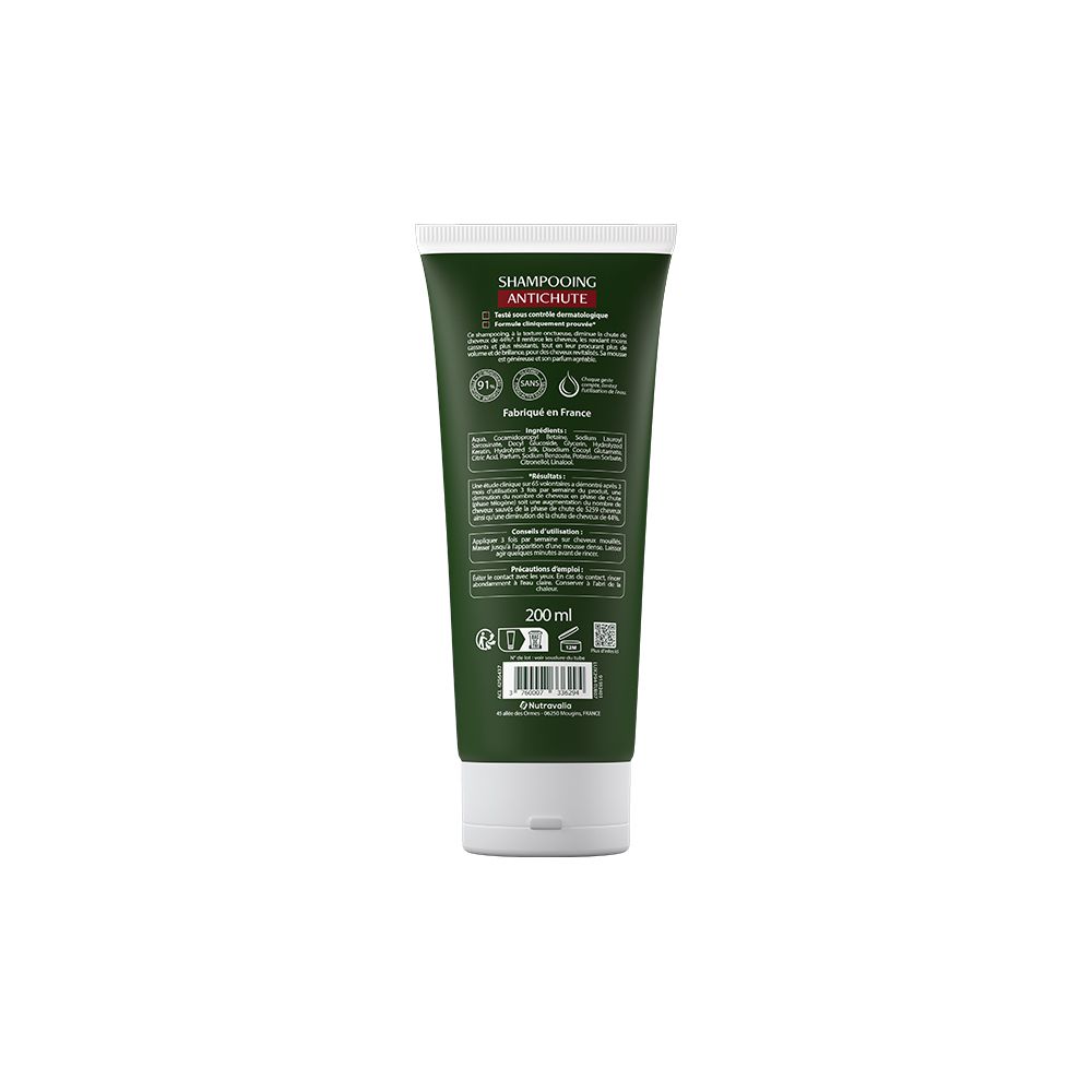 Dos du tube de shampooing LUXÉOL vert. Texte: Shampooing Antichute, ingrédients, 200ml, Fabriqué en France.