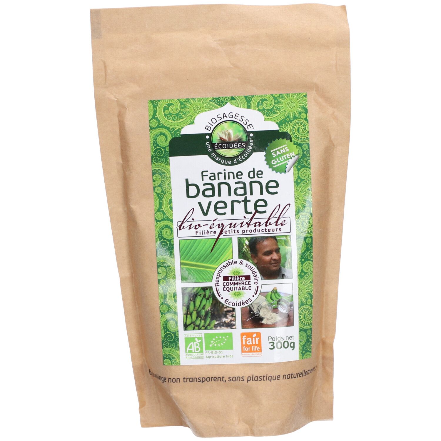 Sachet de farine de banane verte BIOSAGESSE®. Étiquette verte et blanche avec nom et logo. Sachet en papier brun.