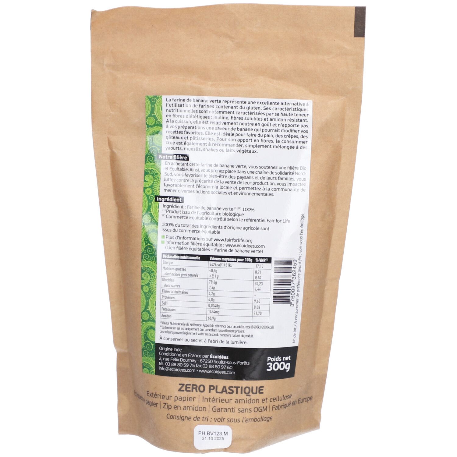 Dos du sachet de farine de banane verte BIOSAGESSE®. Texte et informations nutritionnelles sur fond blanc. Sachet en papier brun.