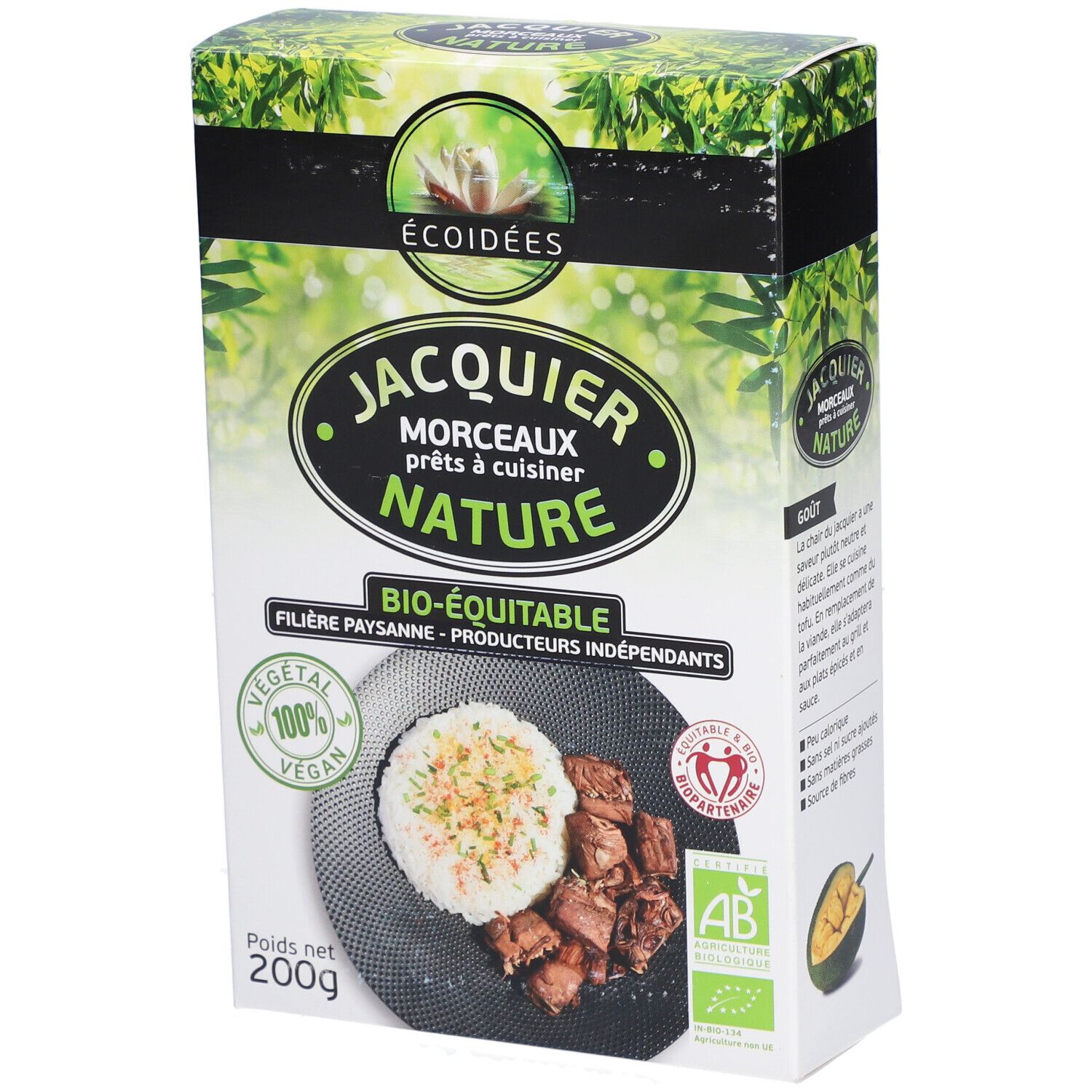 Boîte de Jacquier morceaux nature BIO-équitable. Logo vegan, label AB. Visuel plat avec riz et morceaux. Poids net 200g.