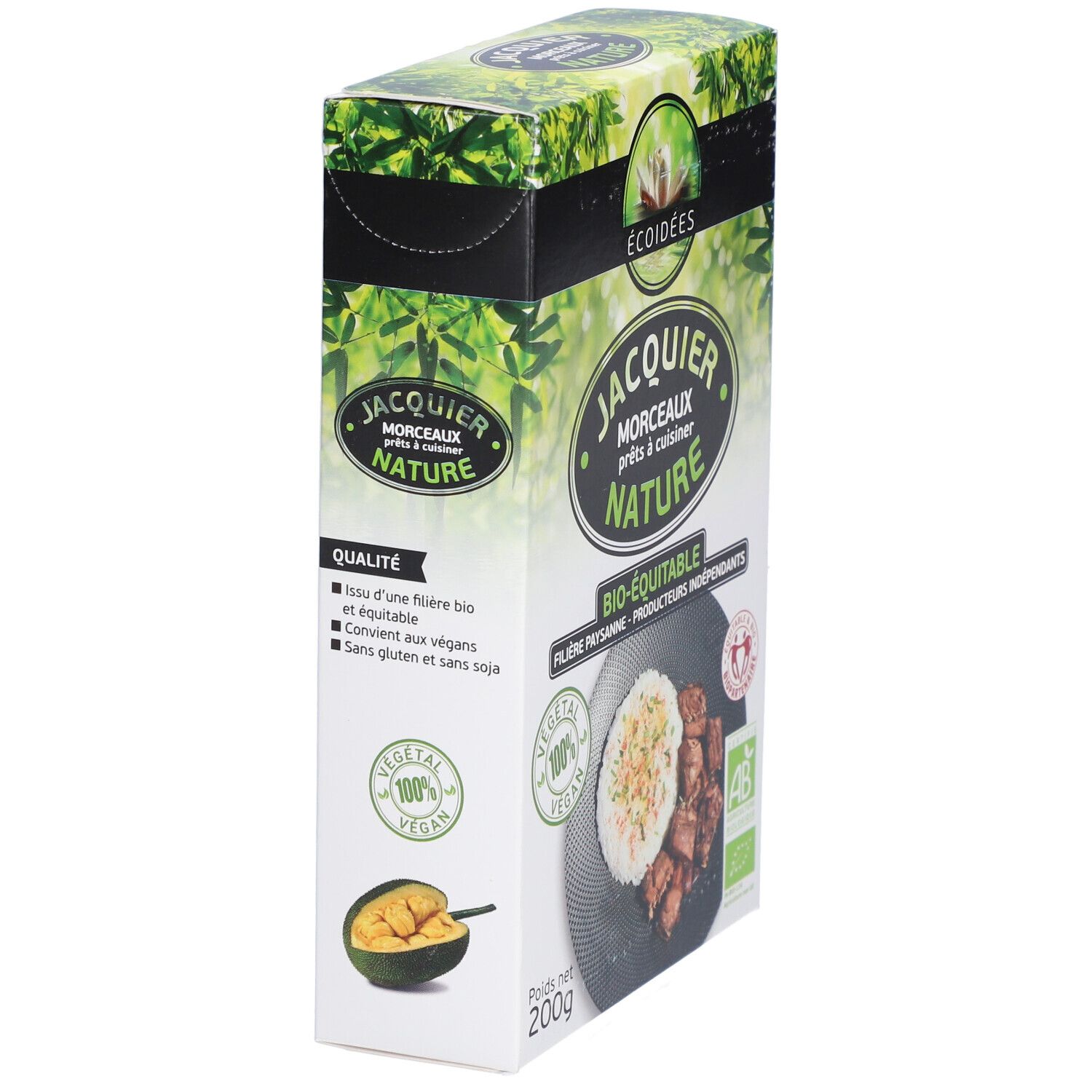 Vue oblique de la boîte. Inscription: Jacquier morceaux nature BIO-équitable. Logo vegan. Visuel plat. Poids net 200g.