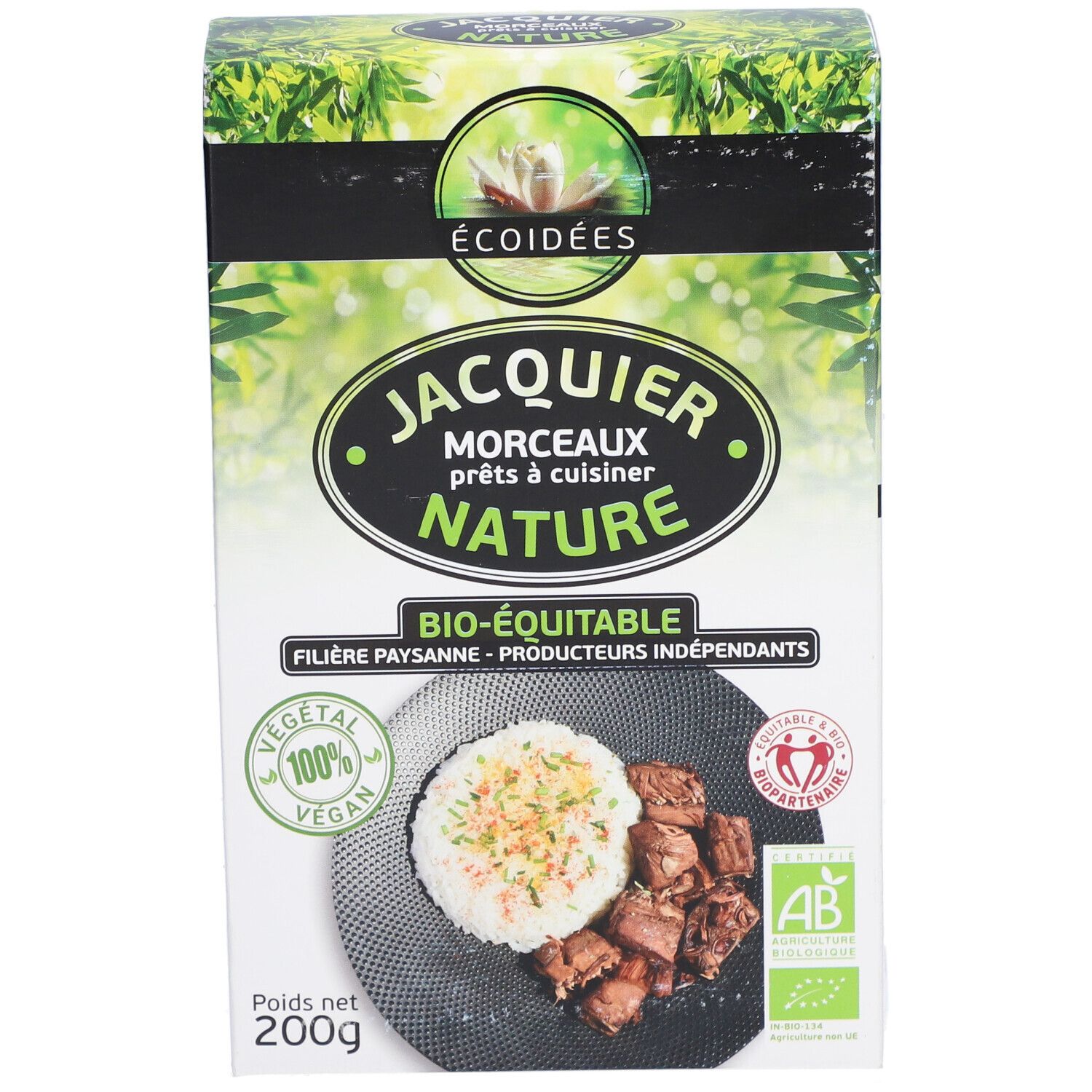 Boîte de Jacquier morceaux nature BIO-équitable. Logo vegan, label AB. Visuel plat avec riz et morceaux. Poids net 200g.