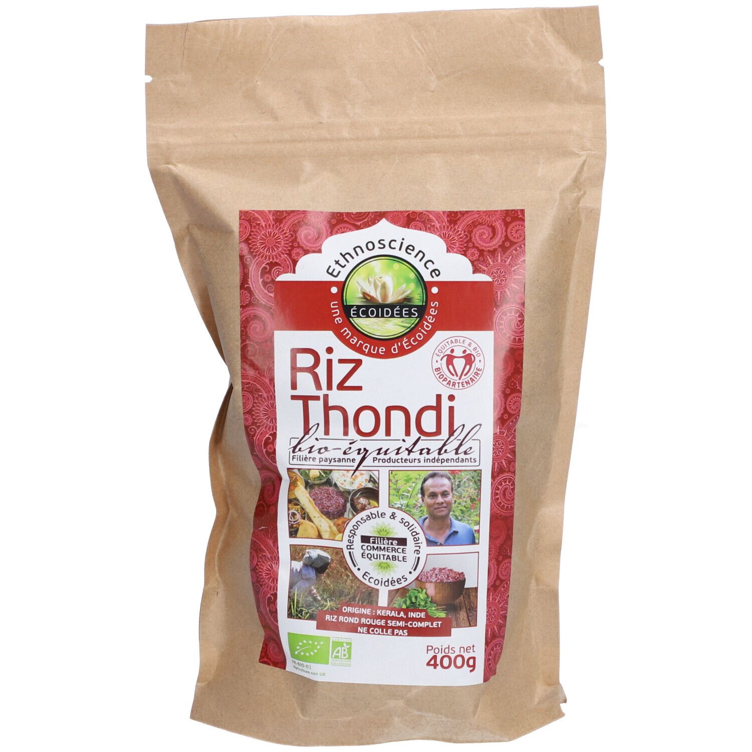 Beutel mit rotem Reis. Aufdruck mit Produktname, Bio-Zertifizierung und Fairtrade-Logo. Gewicht: 400g.