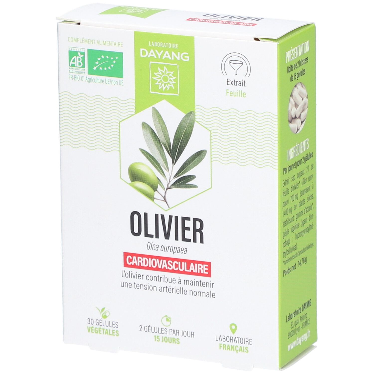 DAYANG Olivier BIO-Verpackung. Enthält 30 Kapseln. AB-Bio-Zertifizierung. Text: Cardiovasculaire, Extrait Feuille.