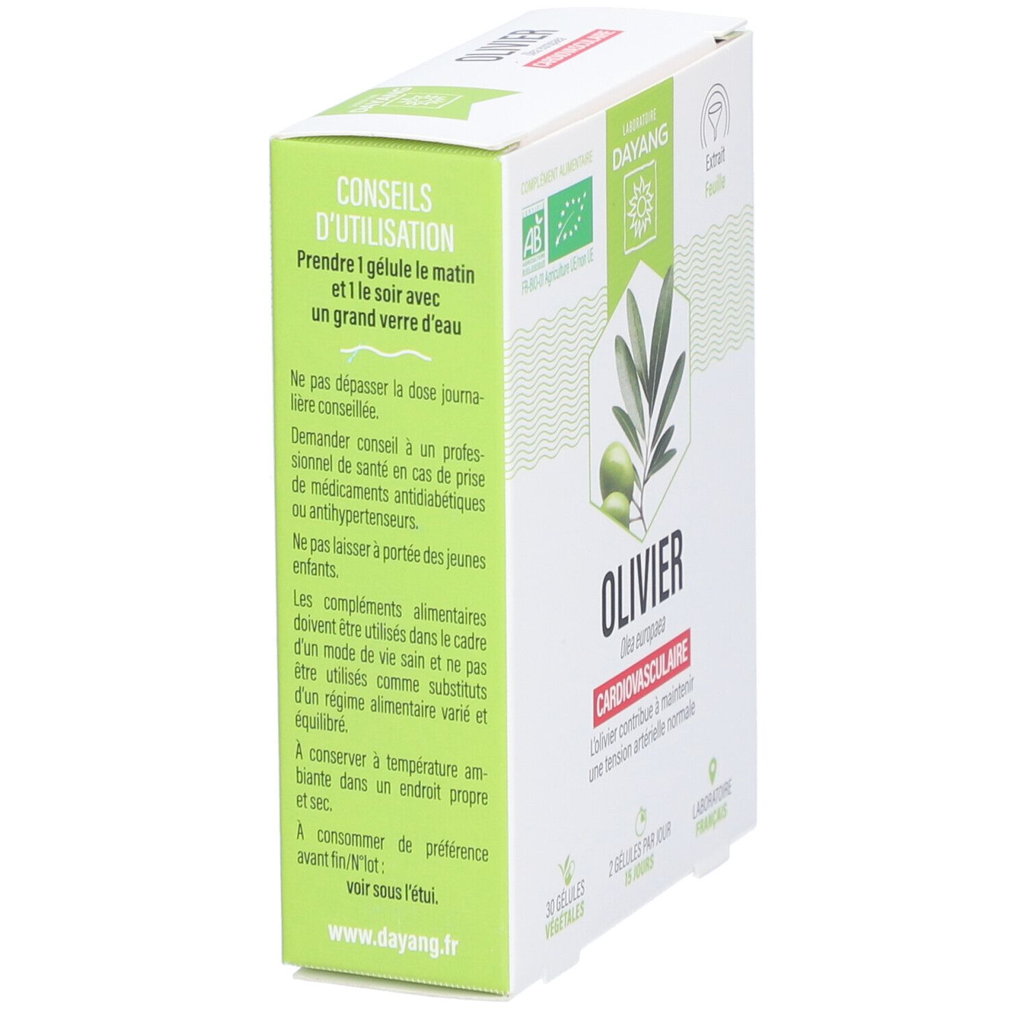 DAYANG Olivier BIO-Verpackung. Enthält Anwendungs- und Vorsichtshinweise. AB-Bio-Zertifizierung. Text: Cardiovasculaire.