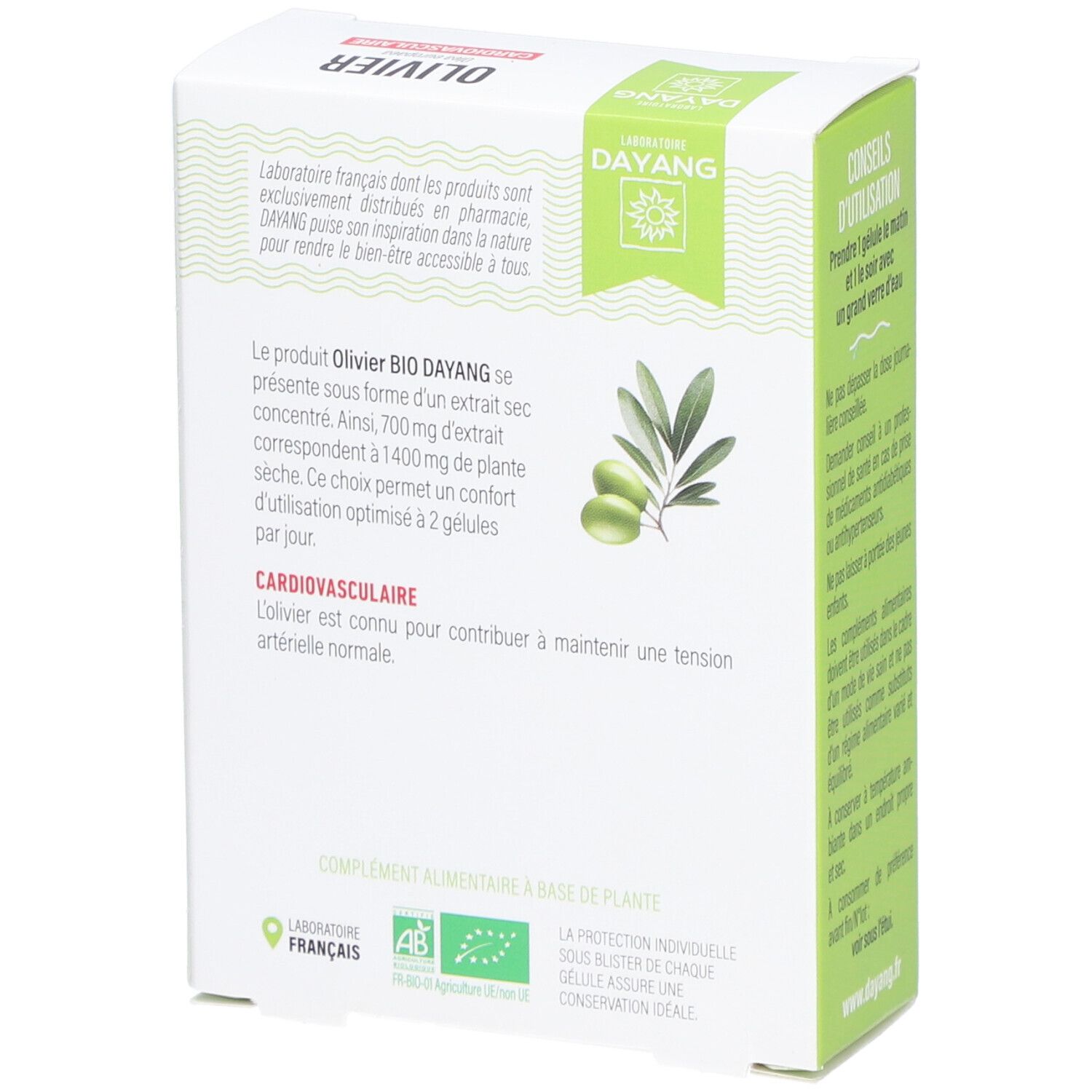 Rückseite der DAYANG Olivier BIO-Verpackung. Enthält Informationen über das Produkt und die Inhaltsstoffe. AB-Bio-Zertifizierung.