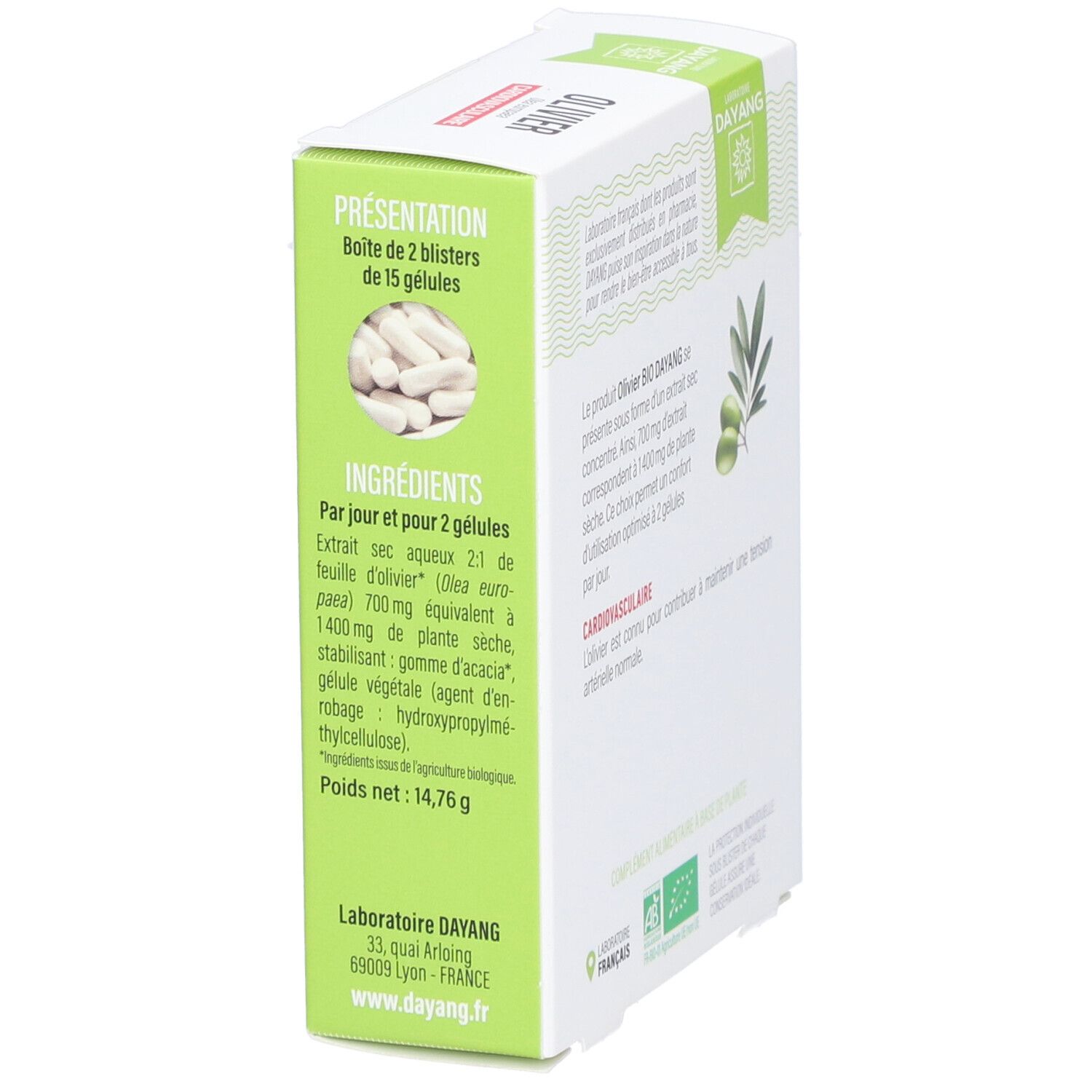 DAYANG Olivier BIO-Verpackung. Zeigt Inhaltsstoffe und Nährwertangaben. Enthält 2 Blister mit 15 Kapseln. Gewicht: 14,76 g.