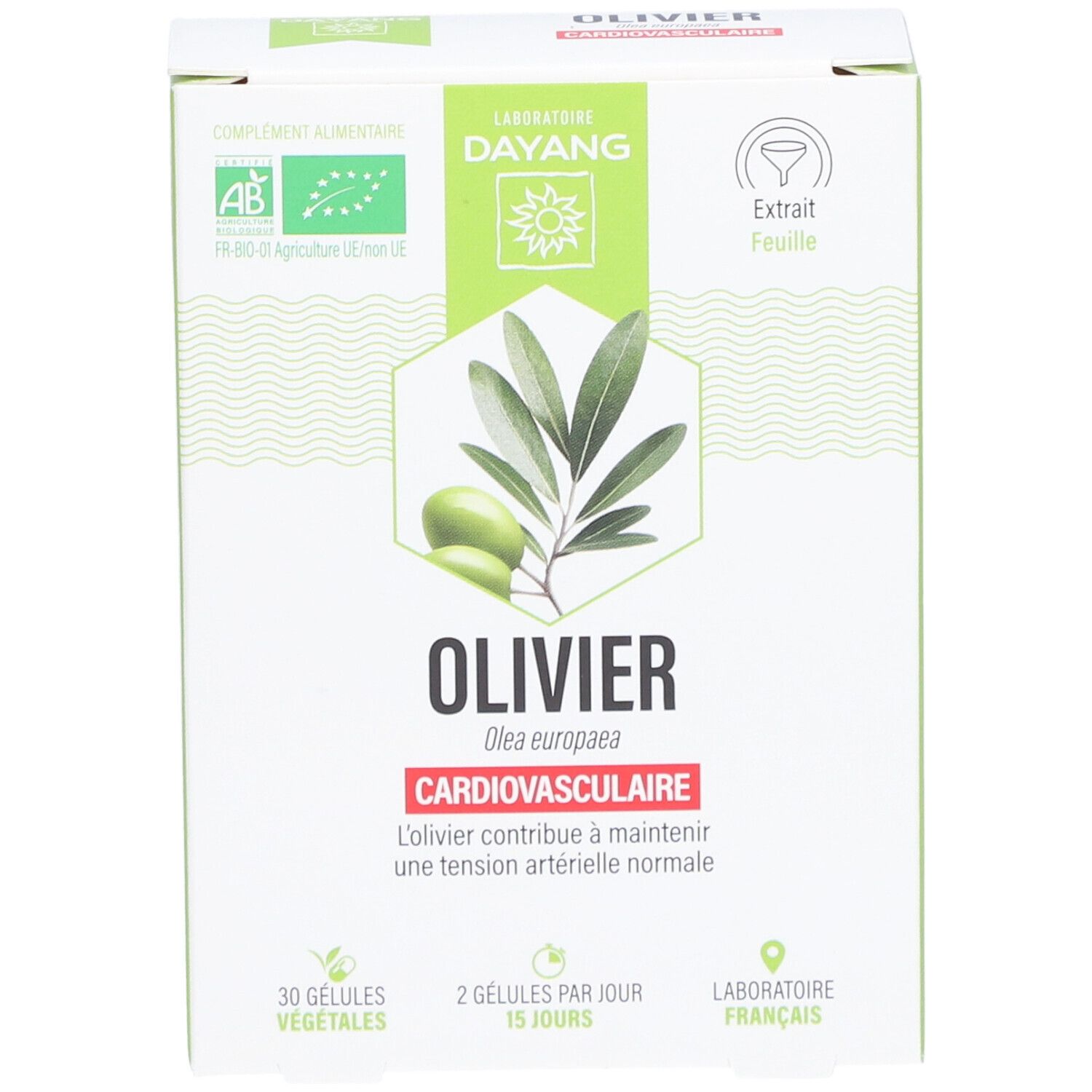 DAYANG Olivier BIO-Verpackung. Enthält 30 vegetarische Kapseln. Text: Cardiovasculaire, Extrait Feuille, 2 gélules par jour.