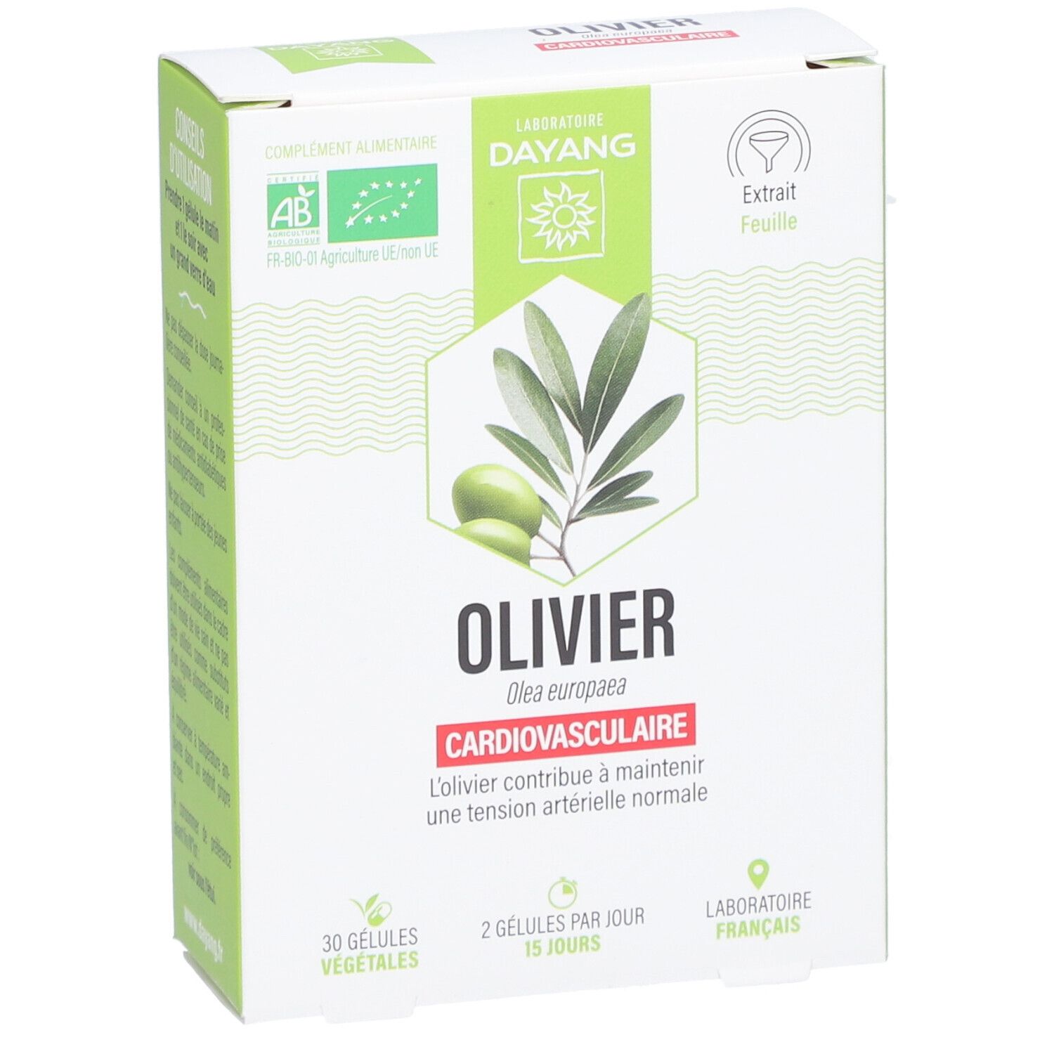 DAYANG Olivier BIO-Verpackung. Enthält 30 vegetarische Kapseln. Text: Cardiovasculaire, Extrait Feuille, 2 gélules par jour.