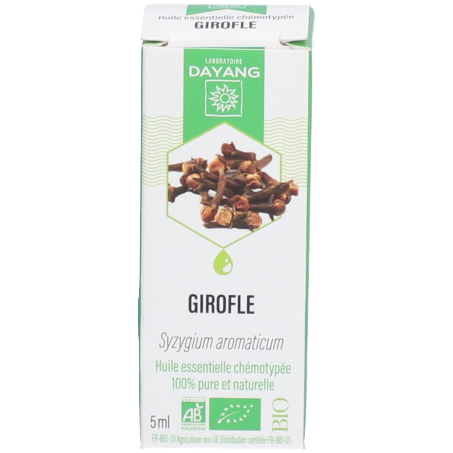 Carton avec nom du produit : Girofle. Certification : AB, BIO. Illustration de clous de girofle. Contient de l'huile essentielle.