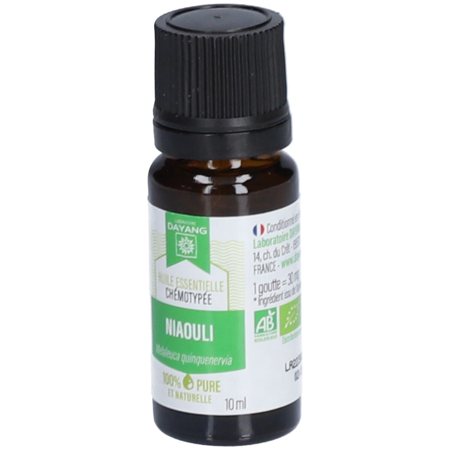 Braune Glasflasche mit schwarzem Verschluss. Etikett mit grünem Text: Niaouli, 100% rein und natürlich. AB-Bio-Siegel.