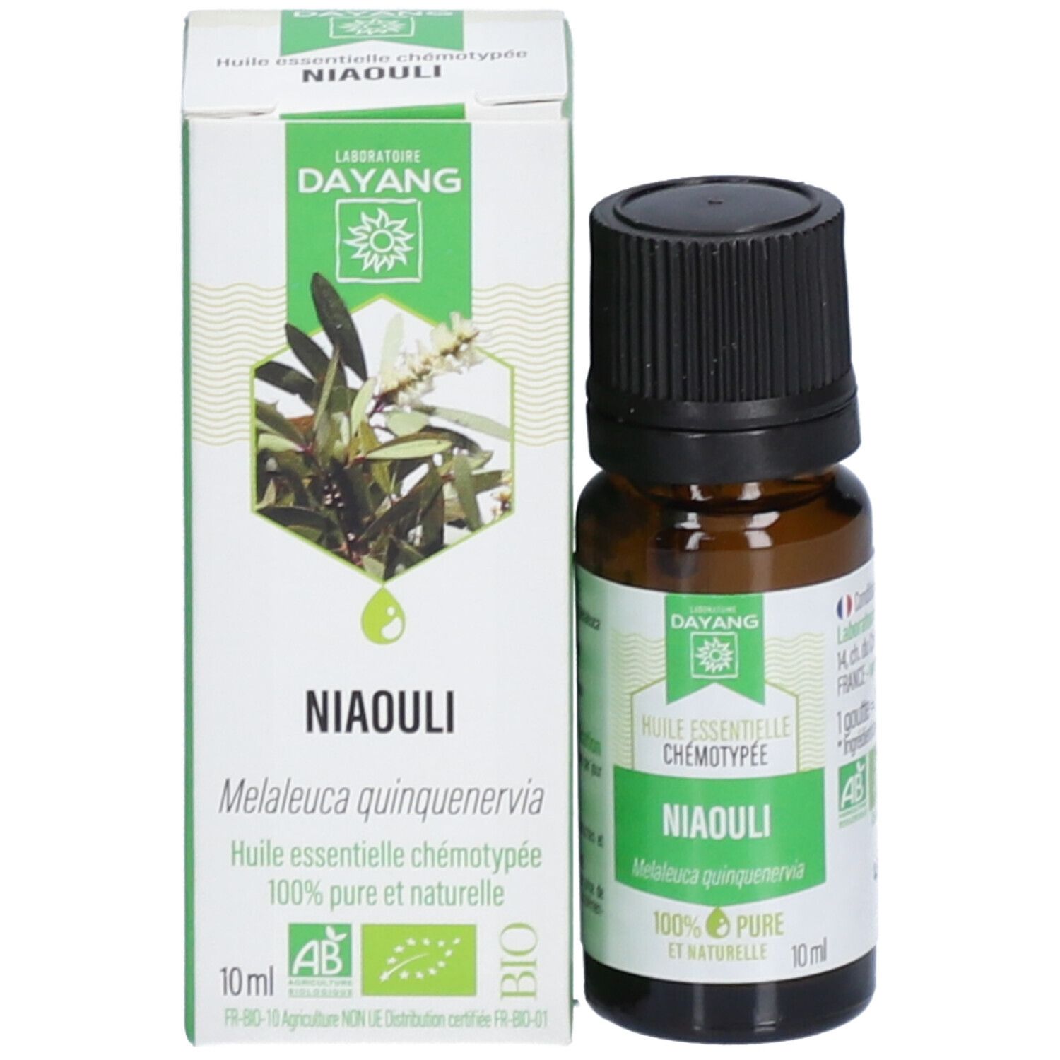 Braune Glasflasche mit schwarzem Verschluss und Verpackung. Verpackung mit Text: Niaouli, 100% rein und natürlich. AB-Bio-Siegel.