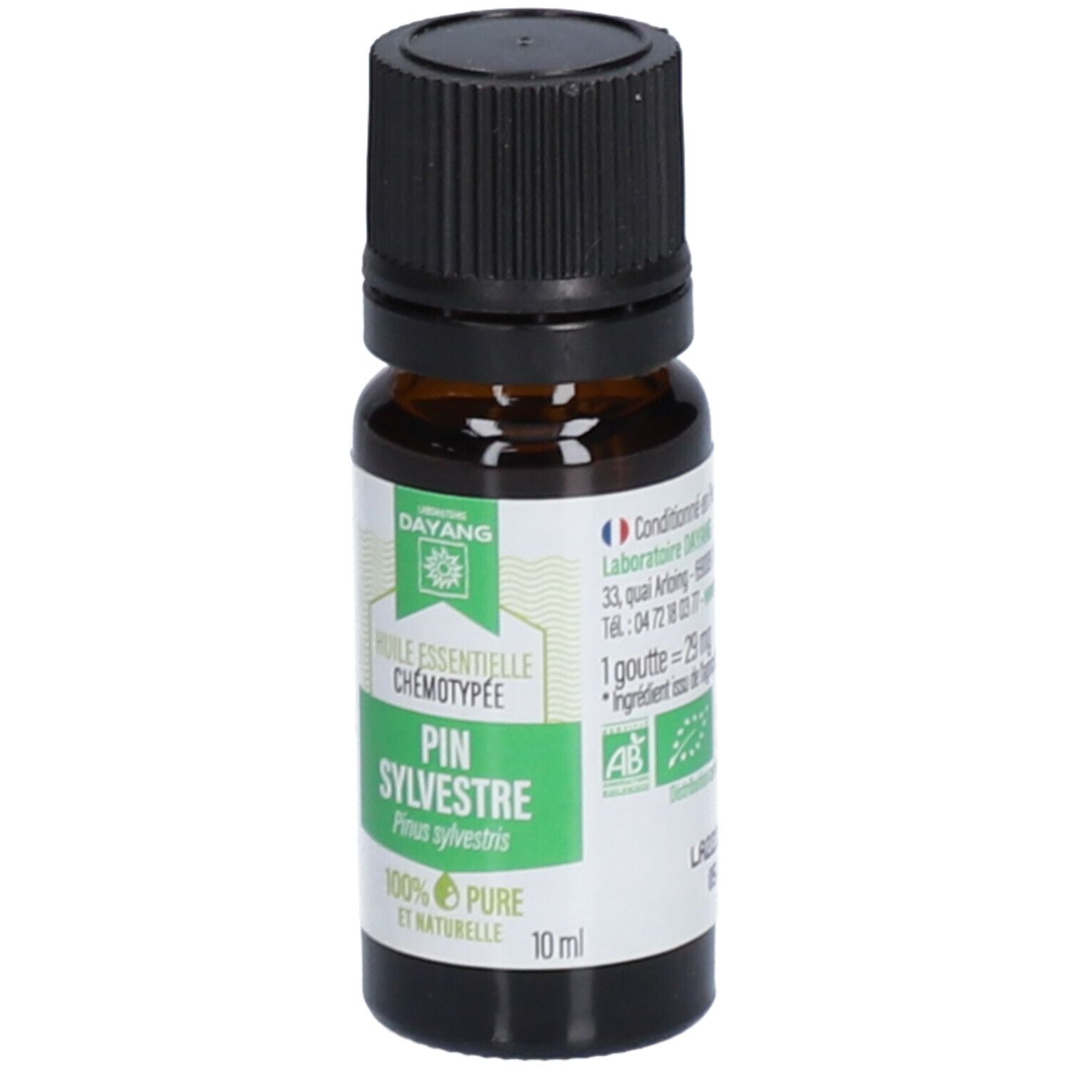 Braune Glasflasche mit schwarzem Deckel. Etikett mit Text: PIN SYLVESTRE, 100% PURE ET NATURELLE. AB-Zertifizierung. 10 ml.